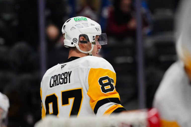 Pittsburgh Penguins center Sidney Crosby (87) before the game against the Colorado Avalanche at Ball Arena.