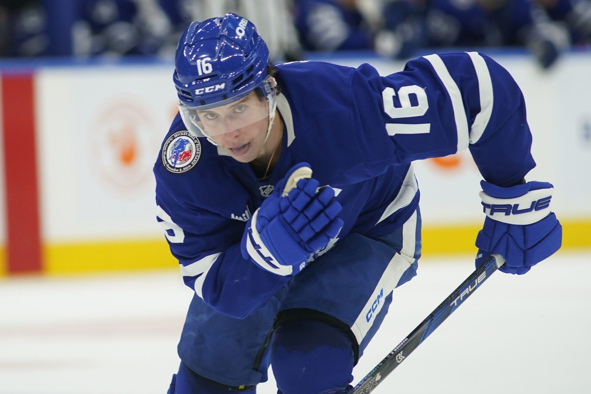 Toronto Maple Leafs forward Mitch Marner (16) displays a Hockey Hall of Fame induction patch on his shoulder as he skates against the Detroit Red Wings during the third period at Scotiabank Arena.