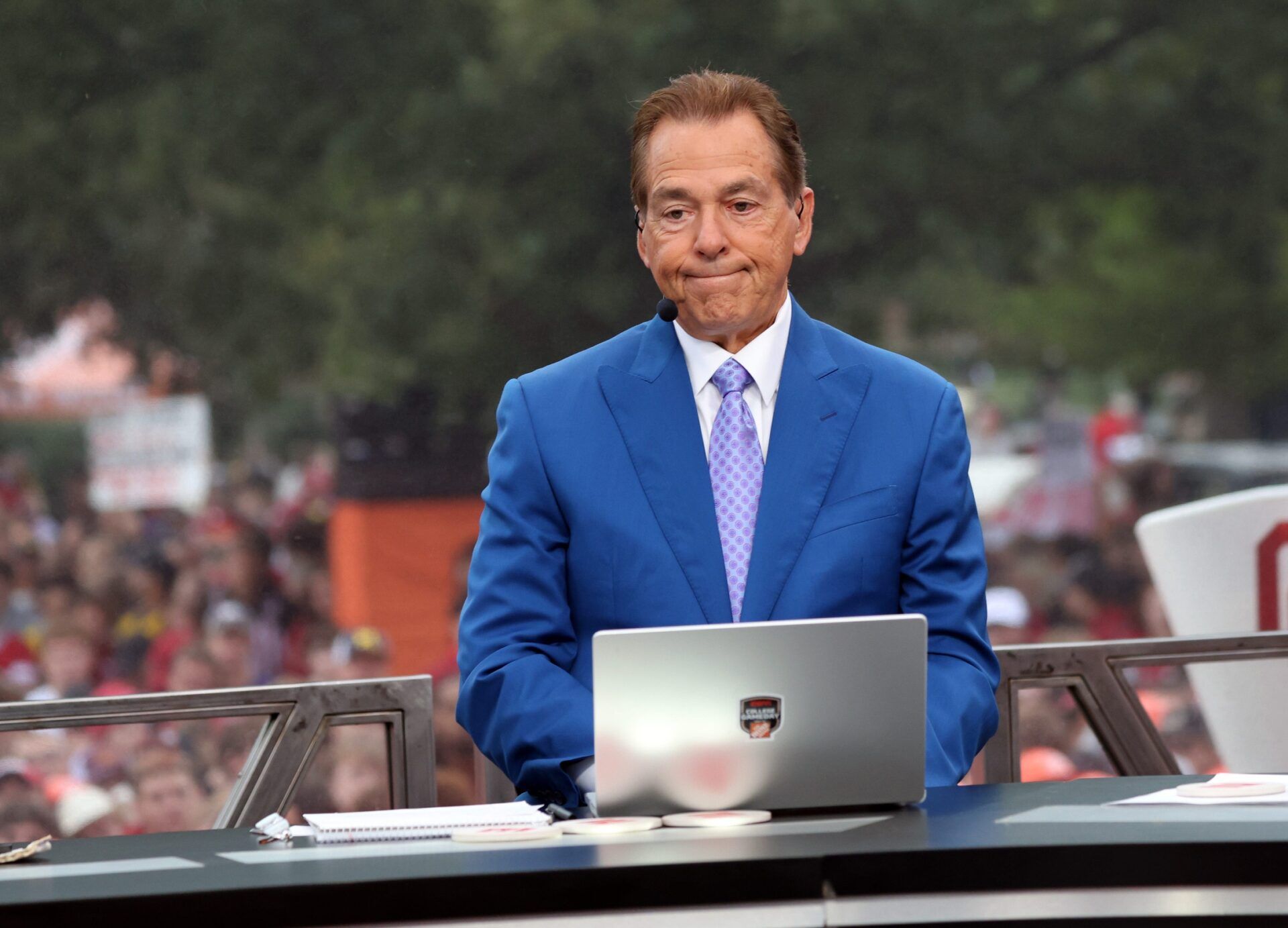 Nick Saban is on stage at ESPN College GameDay ahead of the University of Oklahoma-Michigan College football game on Sep 6, 2025 in Norman.