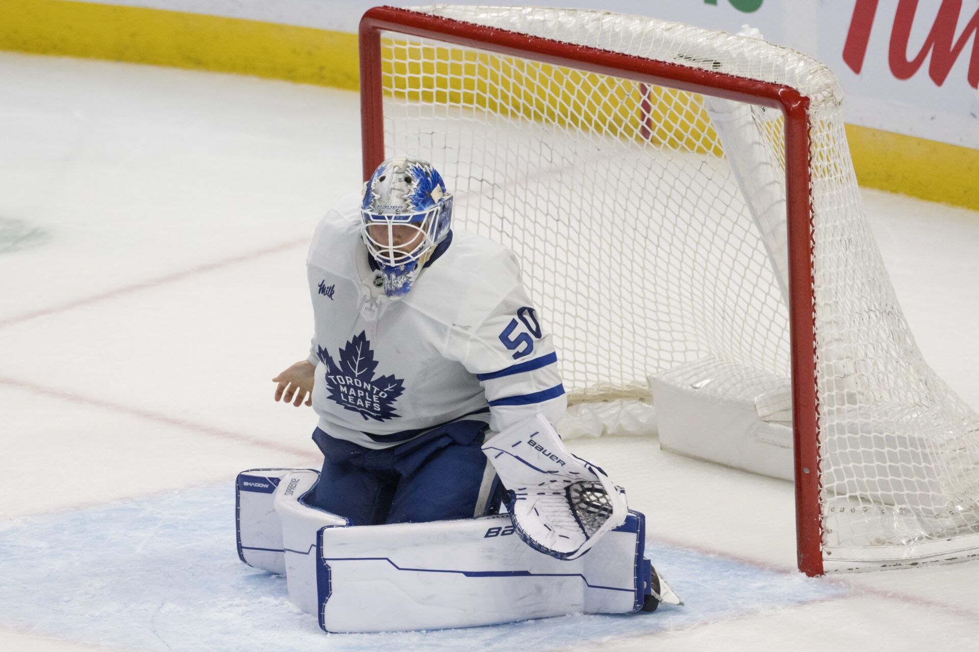 Sep 21st, 2025; Ottawa, Ontario, CAN; Toronto Maple Leafs goalie Artur Akhtyamov (70) continues to play despite losing his blocker in the third period against the Ottawa Senators at the Canadian Tire Centre.
