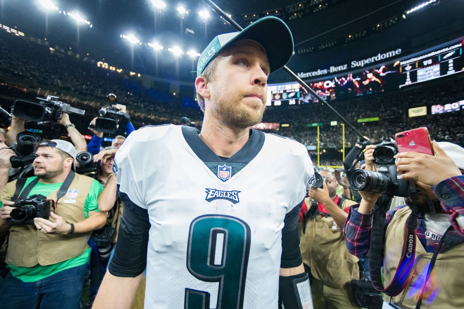 Eagles quarterback Nick Foles following the NFC divisional playoff football game between the New Orleans Saints and the Philadelphia Eagles on Sunday, Jan. 13, 2019 in New Orleans. Sunday, Jan. 13, 2019.

636830104603373512-v2Saints.Eagles.nfl.playoff-01.13.19-2263.jpg