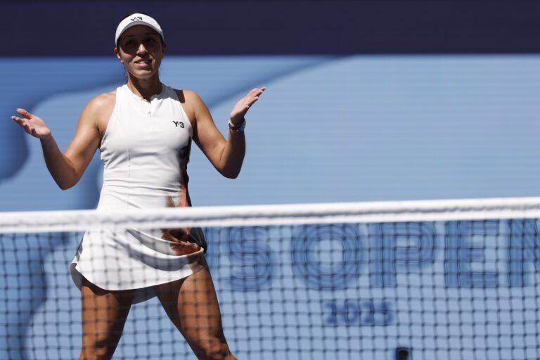 Flushing, NY, USA; Jessica Pegula (USA) celebrates after match point against Barbora Krejcikova (CZE) (not pictured) on day ten of the 2025 US Open tennis championships at Billie Jean King National Tennis Center.