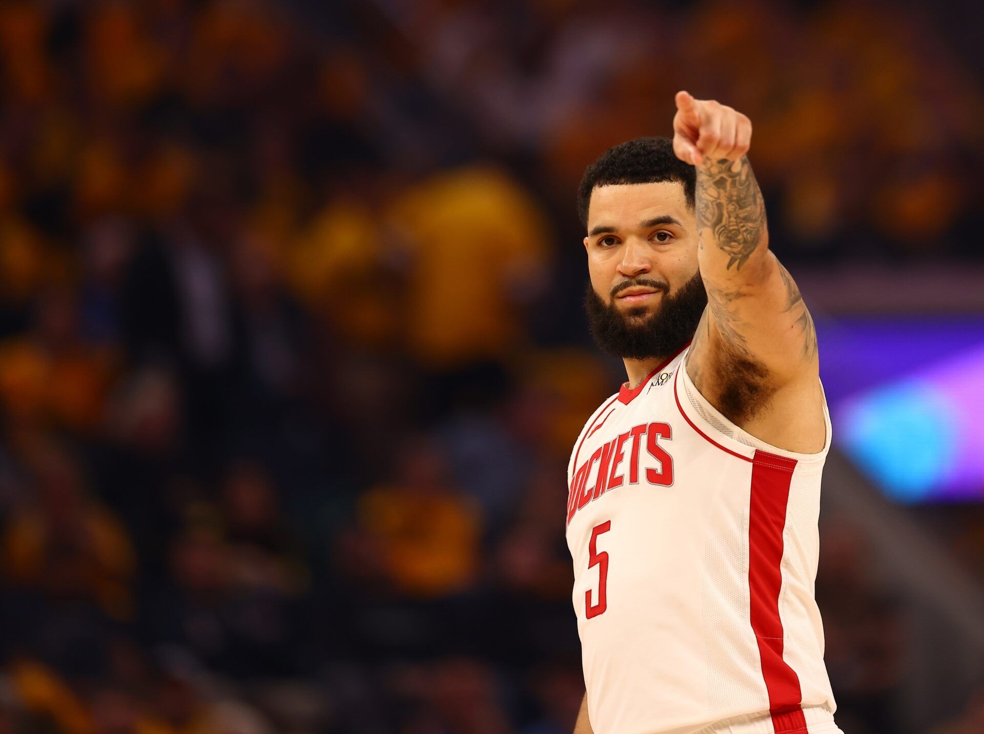 Houston Rockets guard Fred VanVleet (5) points during the first quarter of game four of the 2025 NBA Playoffs first round against the Golden State Warriors at Chase Center.