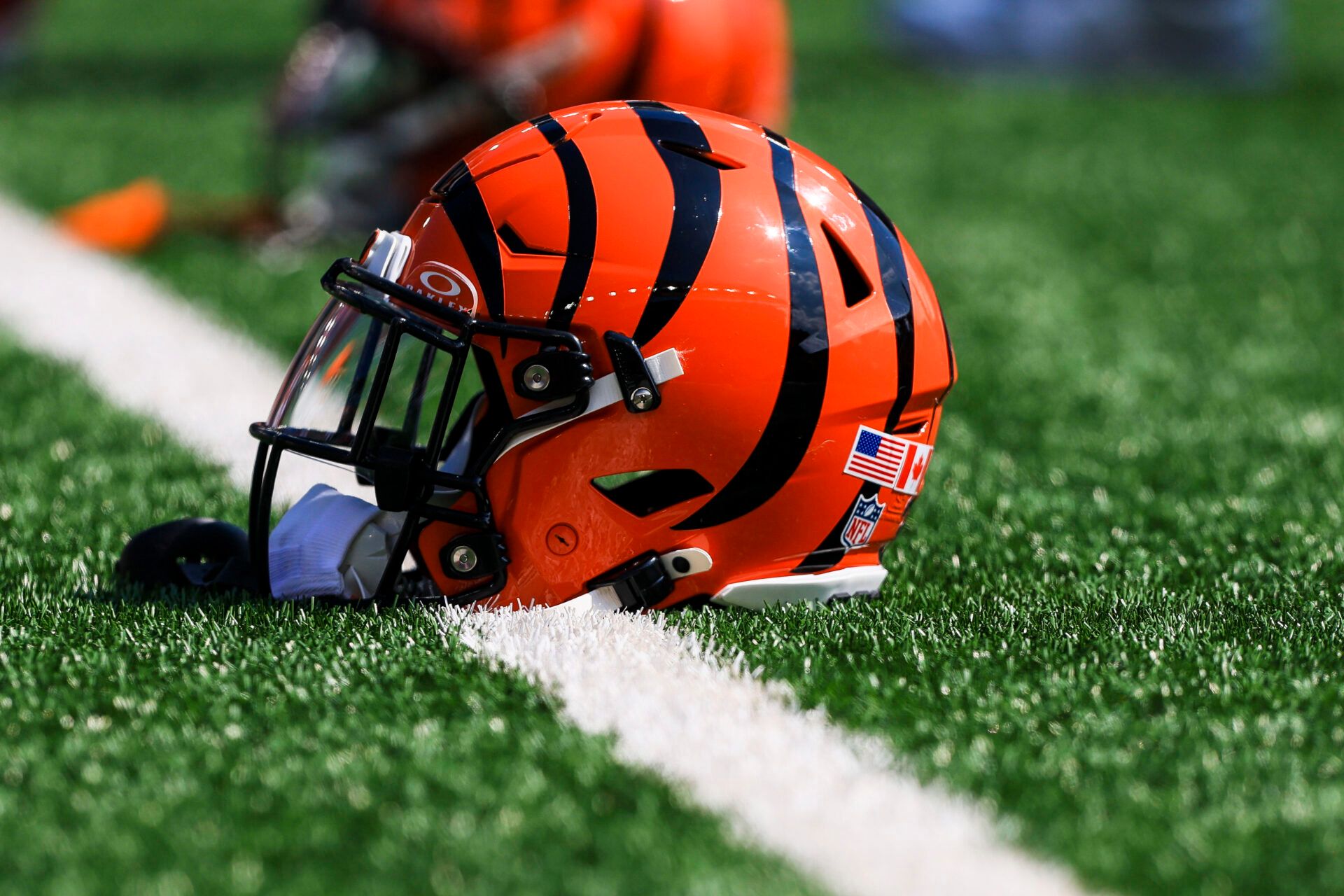 A general view of the helmet of Cincinnati Bengals running back Chase Brown (30) during warmups before the game against the Jacksonville Jaguars at Paycor Stadium.