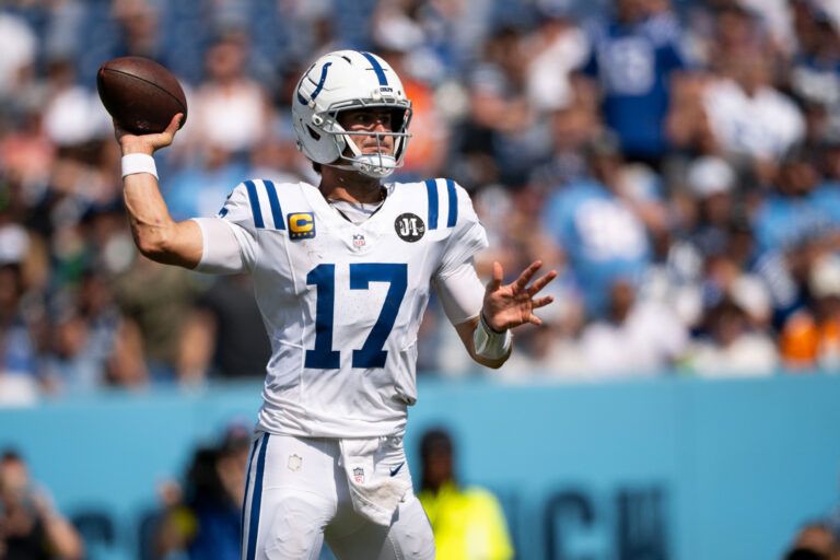 Indianapolis Colts quarterback Daniel Jones (17) against the Tennessee Titans during the second half at Nissan Stadium.