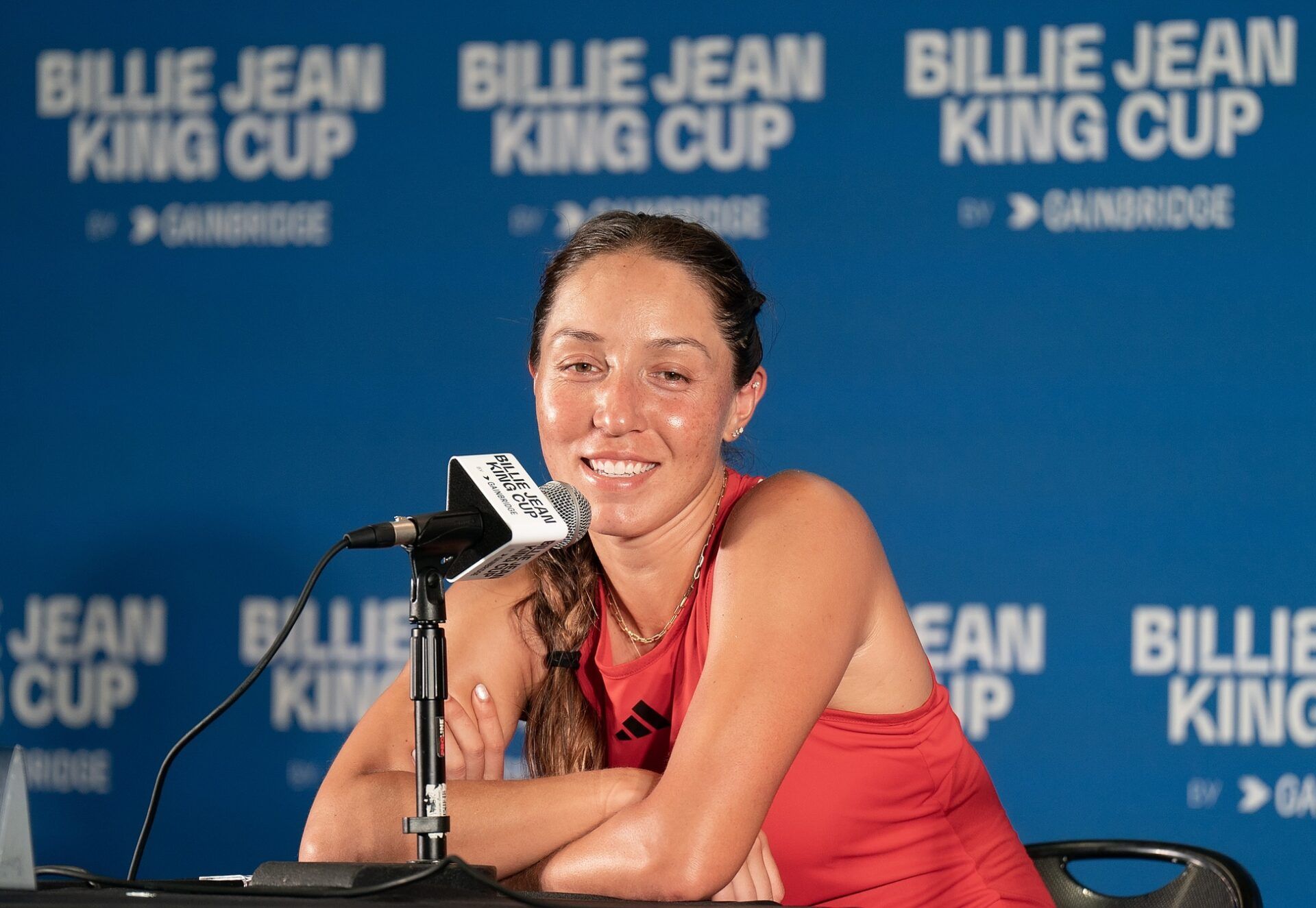 Jessica Pegula (USA) in the interview room after winning her match against Julia Grabher (AUT) in the Billie Jean King Cup tie against Austria at Delray Beach Tennis Center.