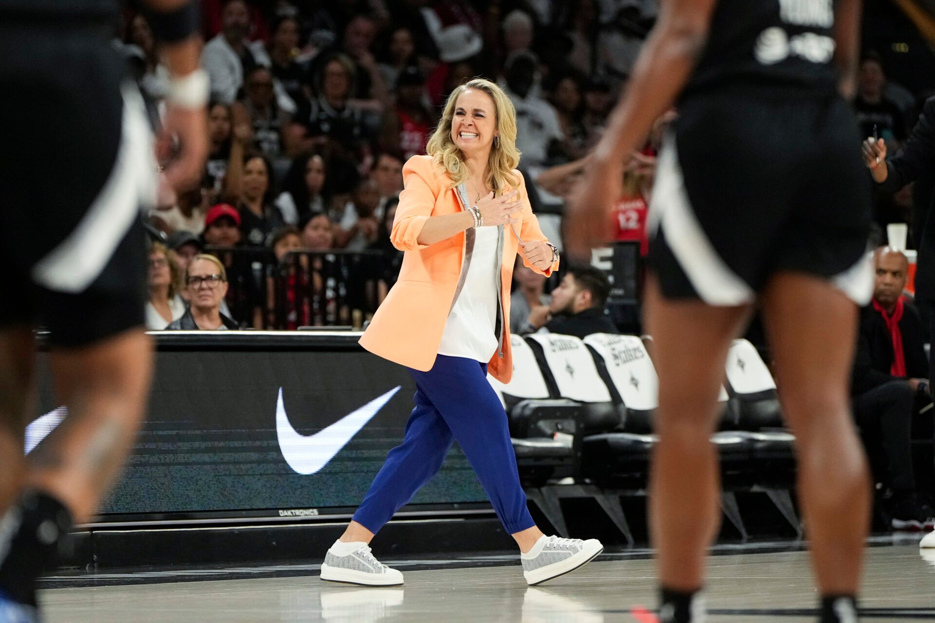 Las Vegas Aces head coach Becky Hammon reacts during game two of the second round for the 2025 WNBA Playoffs against the Indiana Fever at Michelob Ultra Arena.