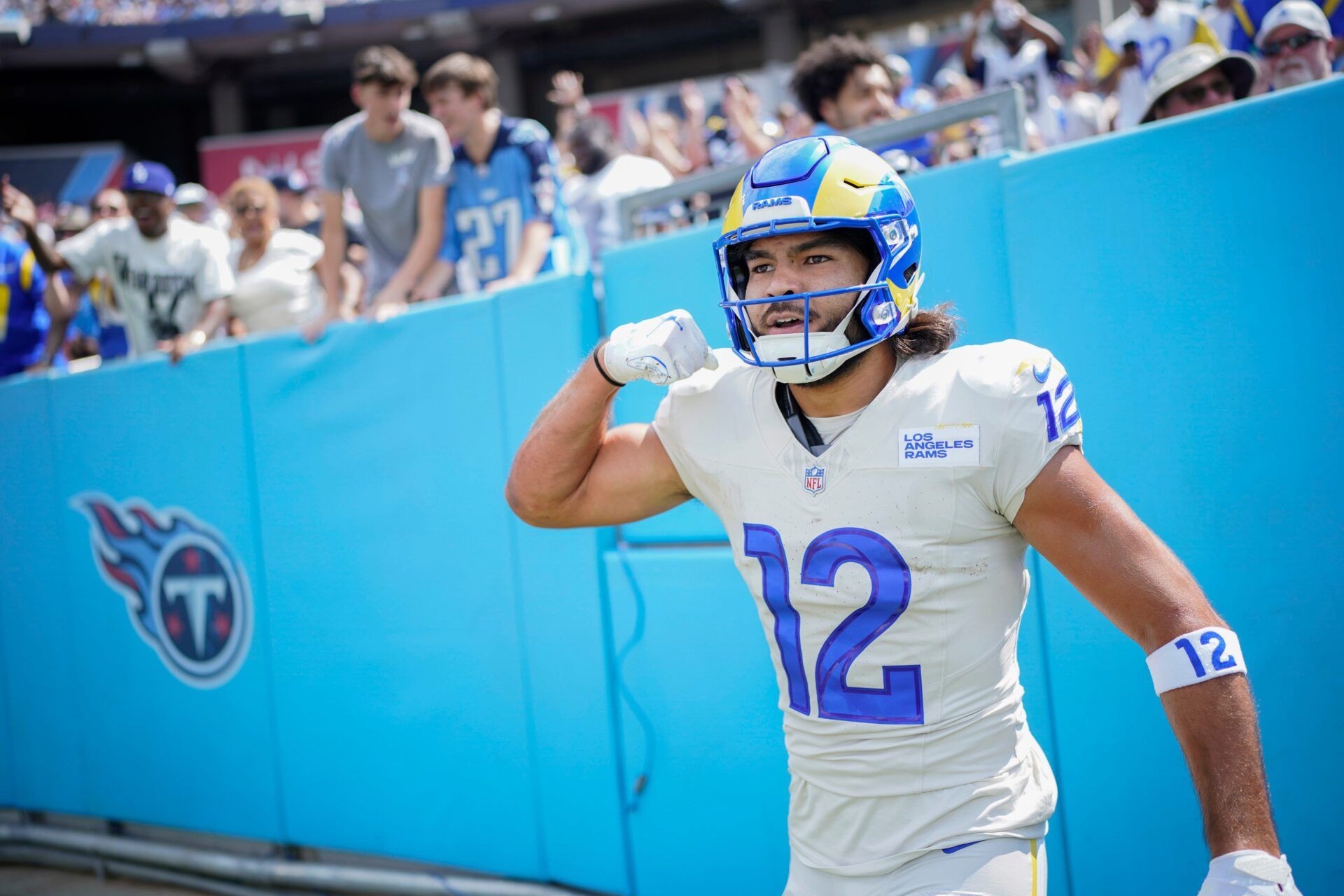Los Angeles Rams wide receiver Puka Nacua (12) celebrates his touchdown against the Tennessee Titans during the first quarter at Nissan Stadium in Nashville, Tenn., Sunday, Sept. 14, 2025.