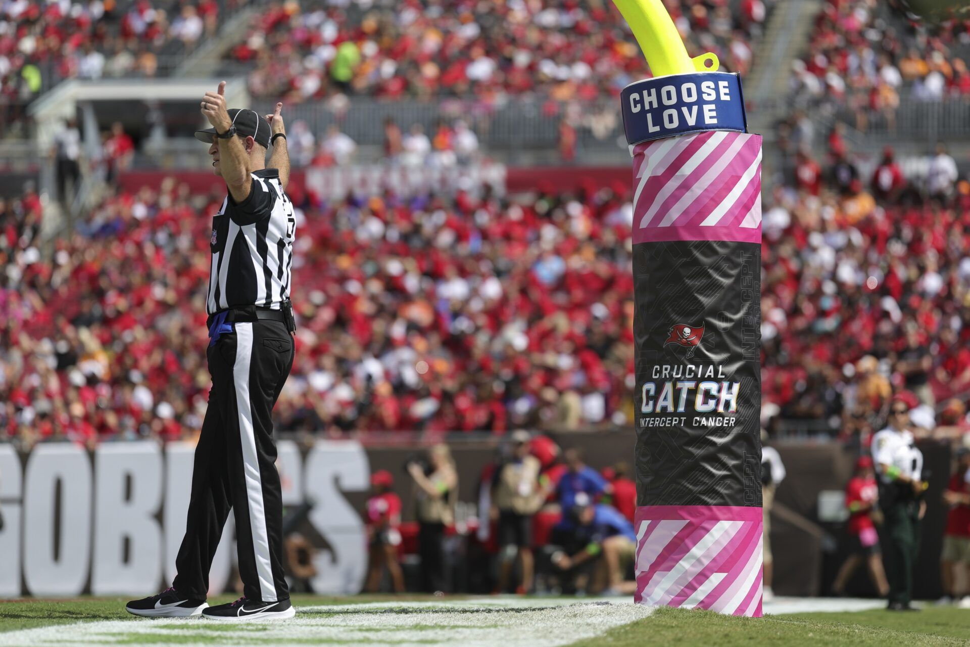the NFL Crucial Catch logo is displayed during a game between the Atlanta Falcons and Tampa Bay Buccaneers in the first quarter at Raymond James Stadium.