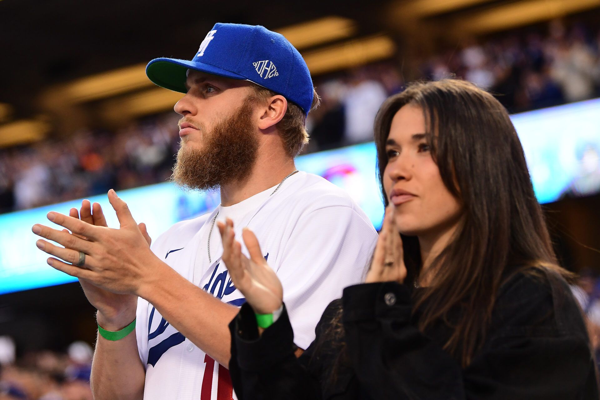 Los Angeles Rams wide receiver Cooper Kupp with wife Anna Kupp attend the game between the Los Angeles Dodgers and San Francisco Giants at Dodger Stadium.