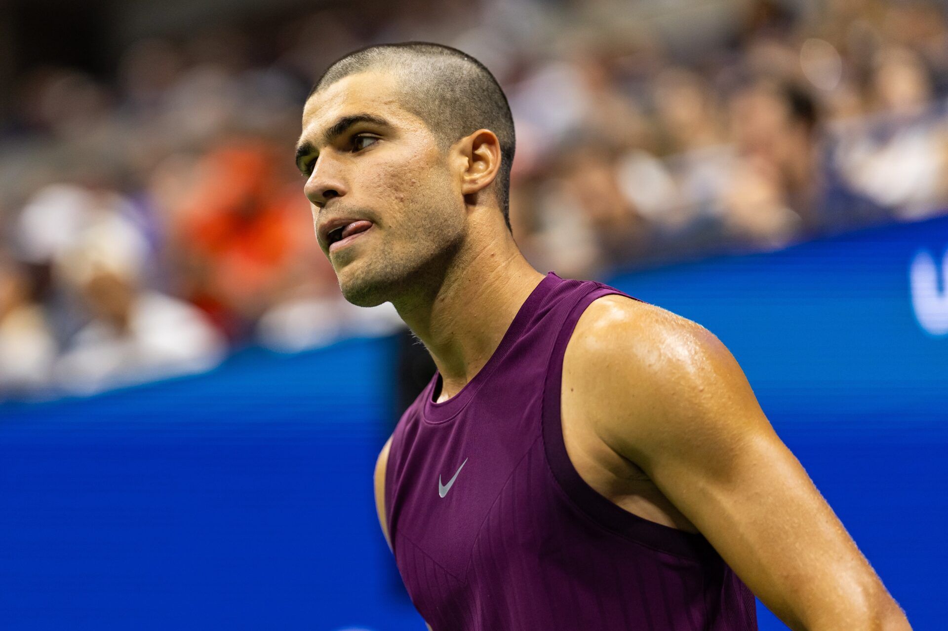 Carlos Alcaraz of Spain in action against Reilly Opelka of the United States in the first round of the men’s singles at the US Open at Arthur Ashe Stadium in Billie Jean King National Tennis Centre.