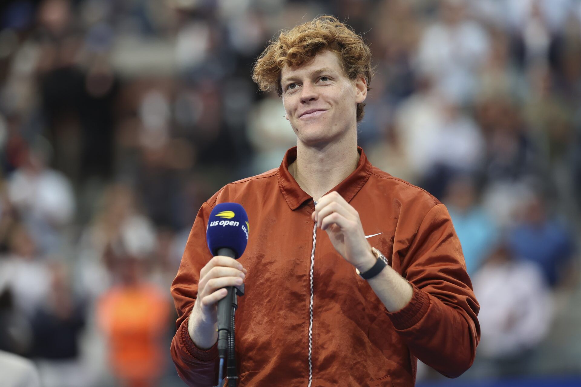 Flushing, NY, USA; Jannik Sinner (ITA) speaks after losing to Carlos Alcaraz (ESP) (not pictured) in the final of mens singles at Billie Jean King National Tennis Center.