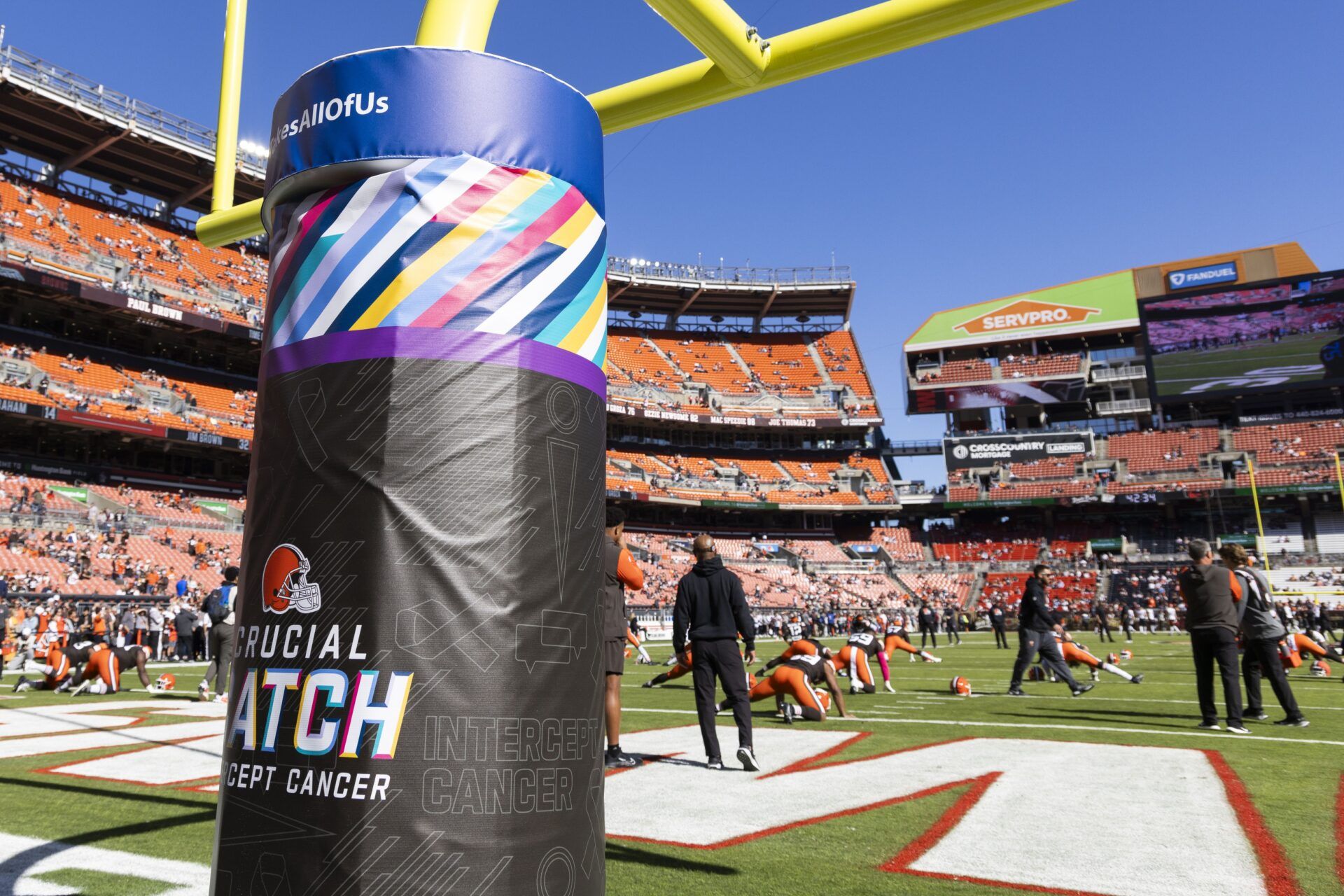 Crucial Catch signage on the goal post before the game between the Cleveland Browns and the Cincinnati Bengals at Huntington Bank Field.