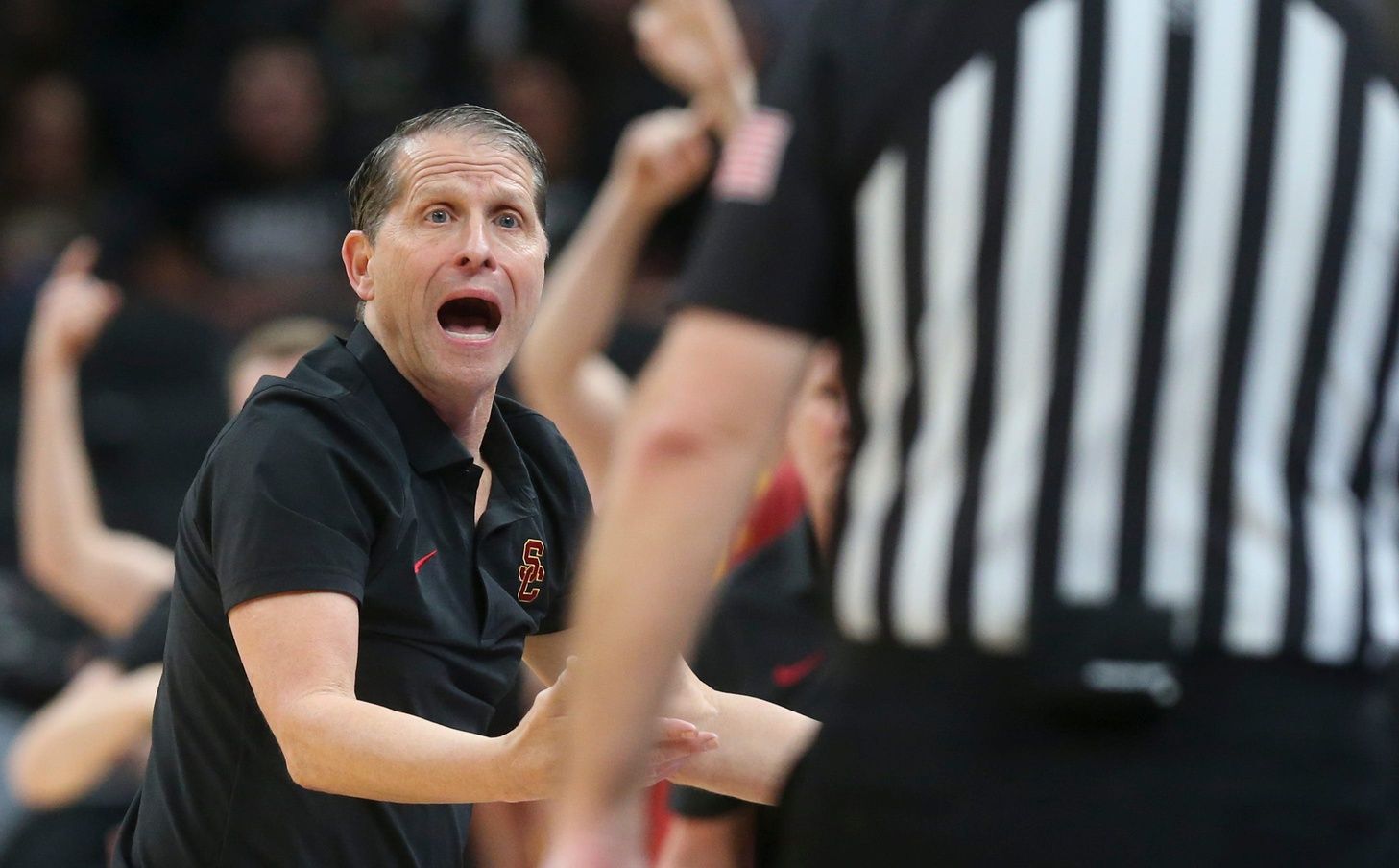 USC Trojans head coach Eric Musselman talks to an official Thursday, March 13, 2025, during the Big Ten Men’s Basketball Tournament game against the Purdue Boilermakers at Gainbridge Fieldhouse in Indianapolis. Purdue Boilermakers won 76-71.