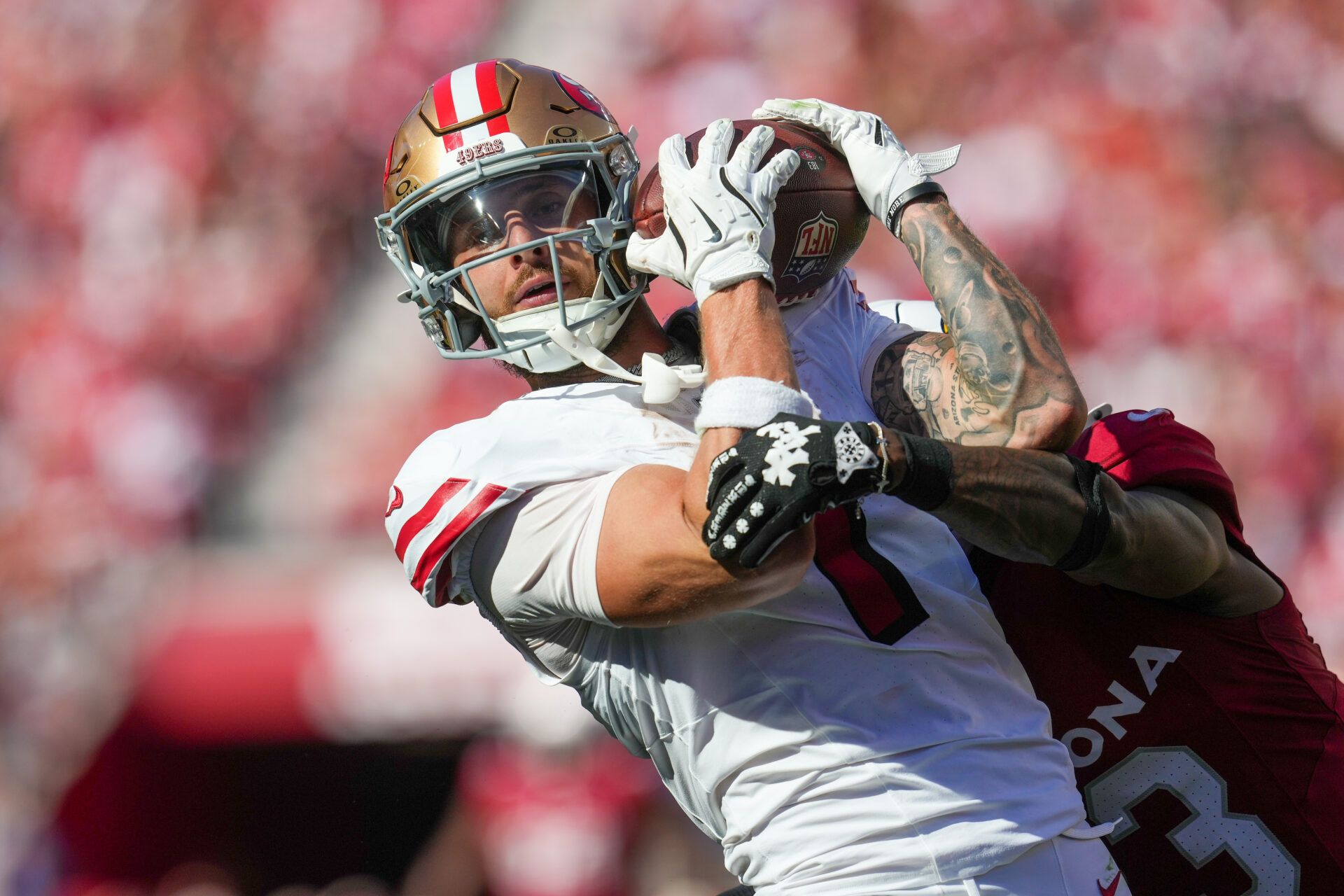 San Francisco 49ers wide receiver Ricky Pearsall (1) makes the catch against the Arizona Cardinals during the second half at Levi's Stadium.