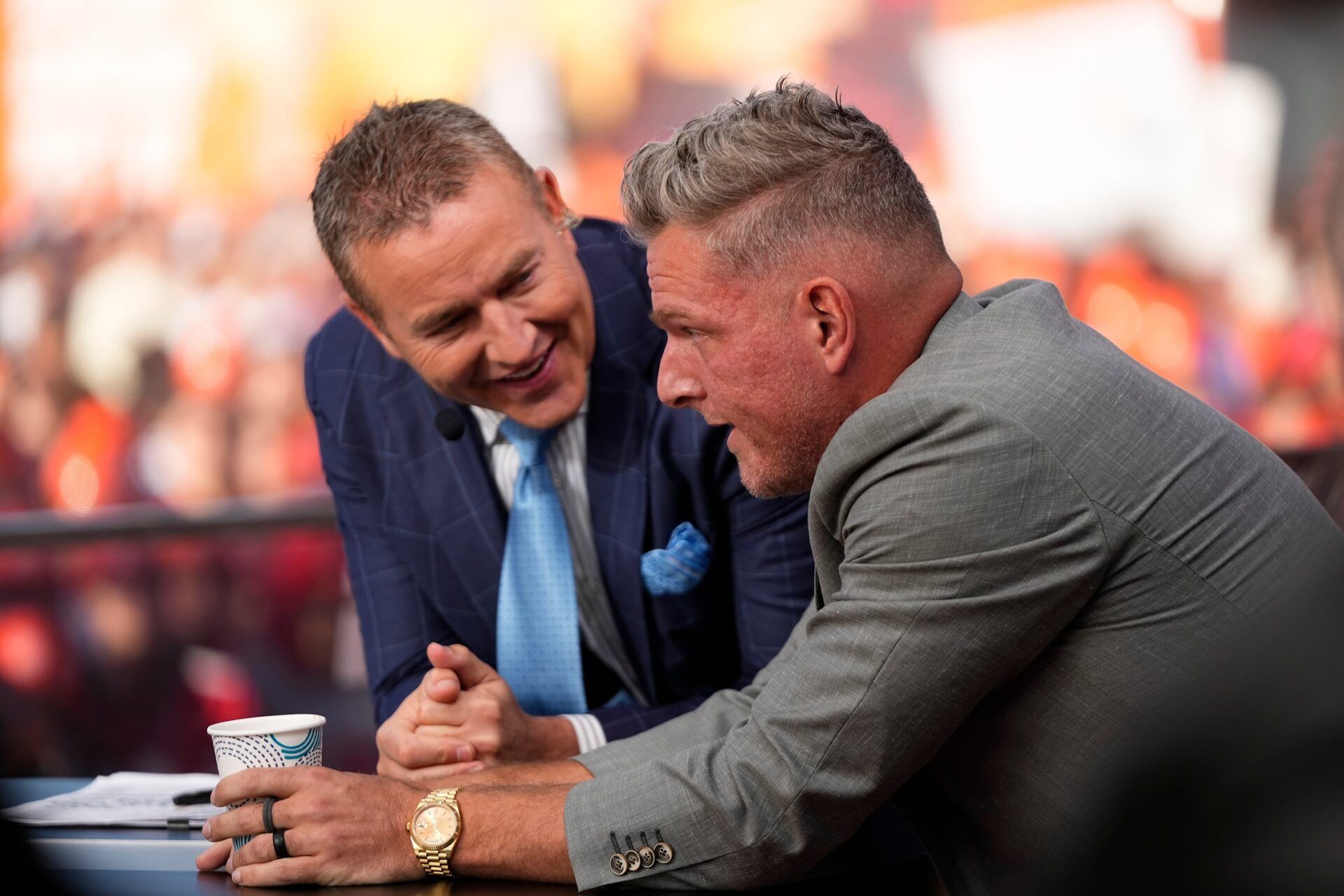 Pat McAfee, right, talks to Kirk Herbstreit on the set of ESPN College GameDay prior to the NCAA football game between the Ohio State Buckeyes and the Texas Longhorns at Ohio Stadium on Aug. 30, 2025.
