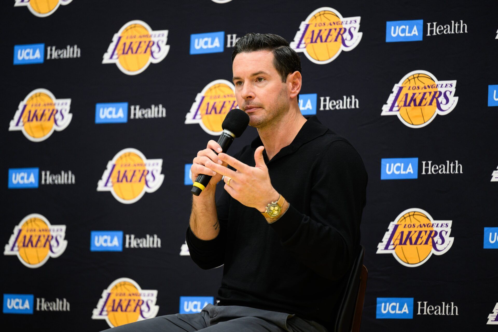 Los Angeles Lakers head coach JJ Redick speaks during a press conference to preview the 2025-26 season at UCLA Health Training Center.