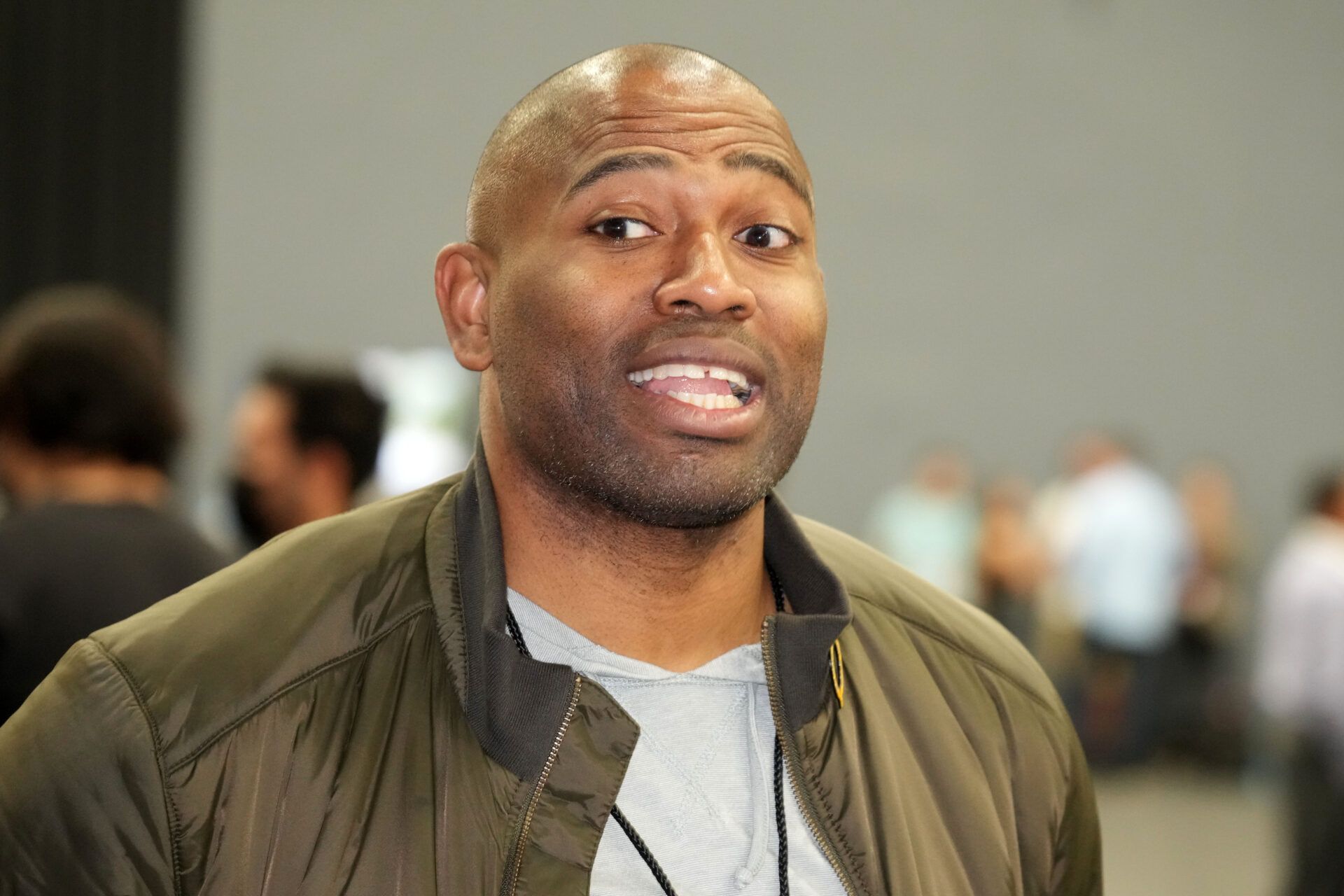 Shaun Alexander at the Super Bowl LVI Media Center at the Los Angeles Convention Center.