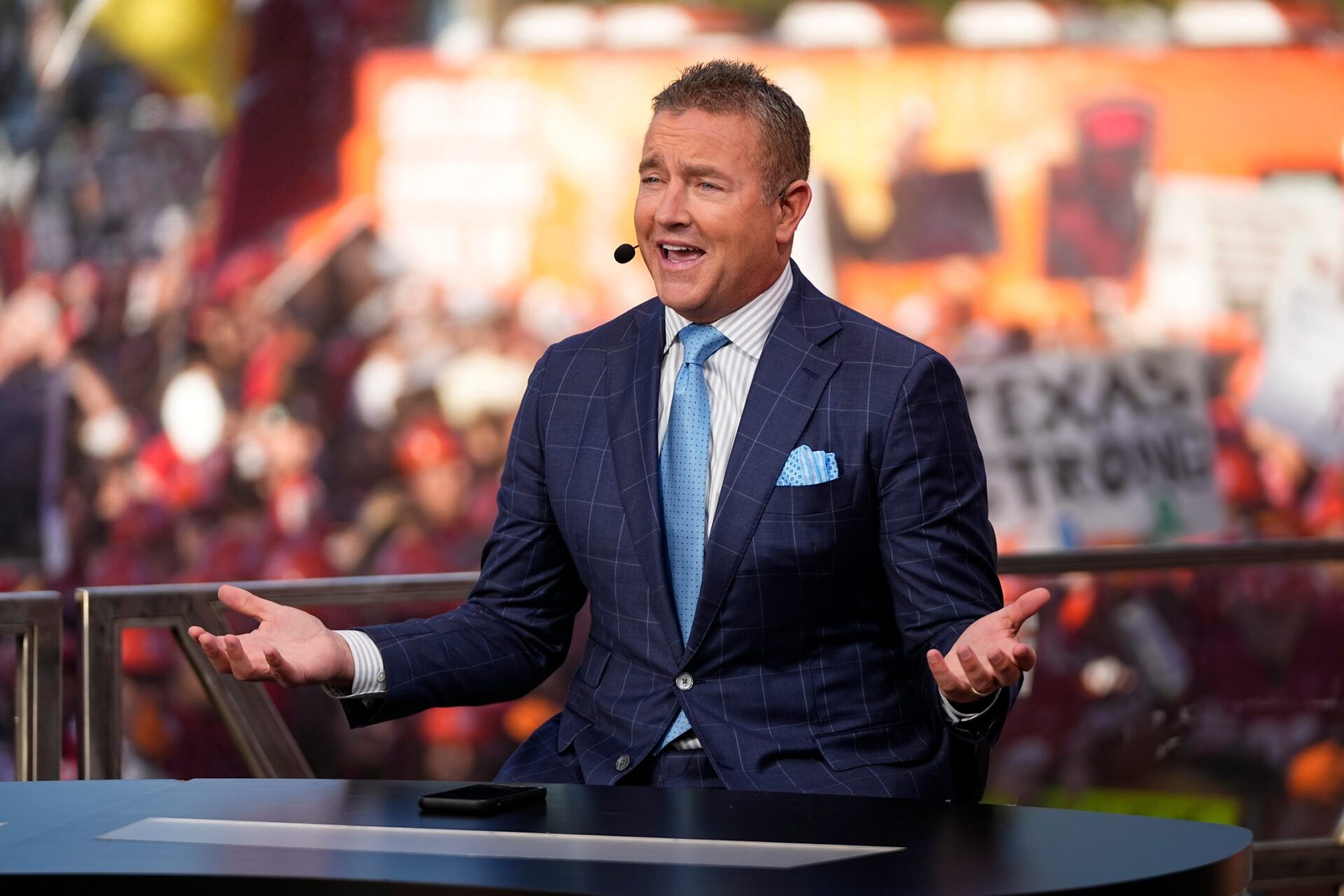 Kirk Herbstreit speaks on the set of ESPN College GameDay prior to the NCAA football game between the Ohio State Buckeyes and the Texas Longhorns at Ohio Stadium on Aug. 30, 2025.