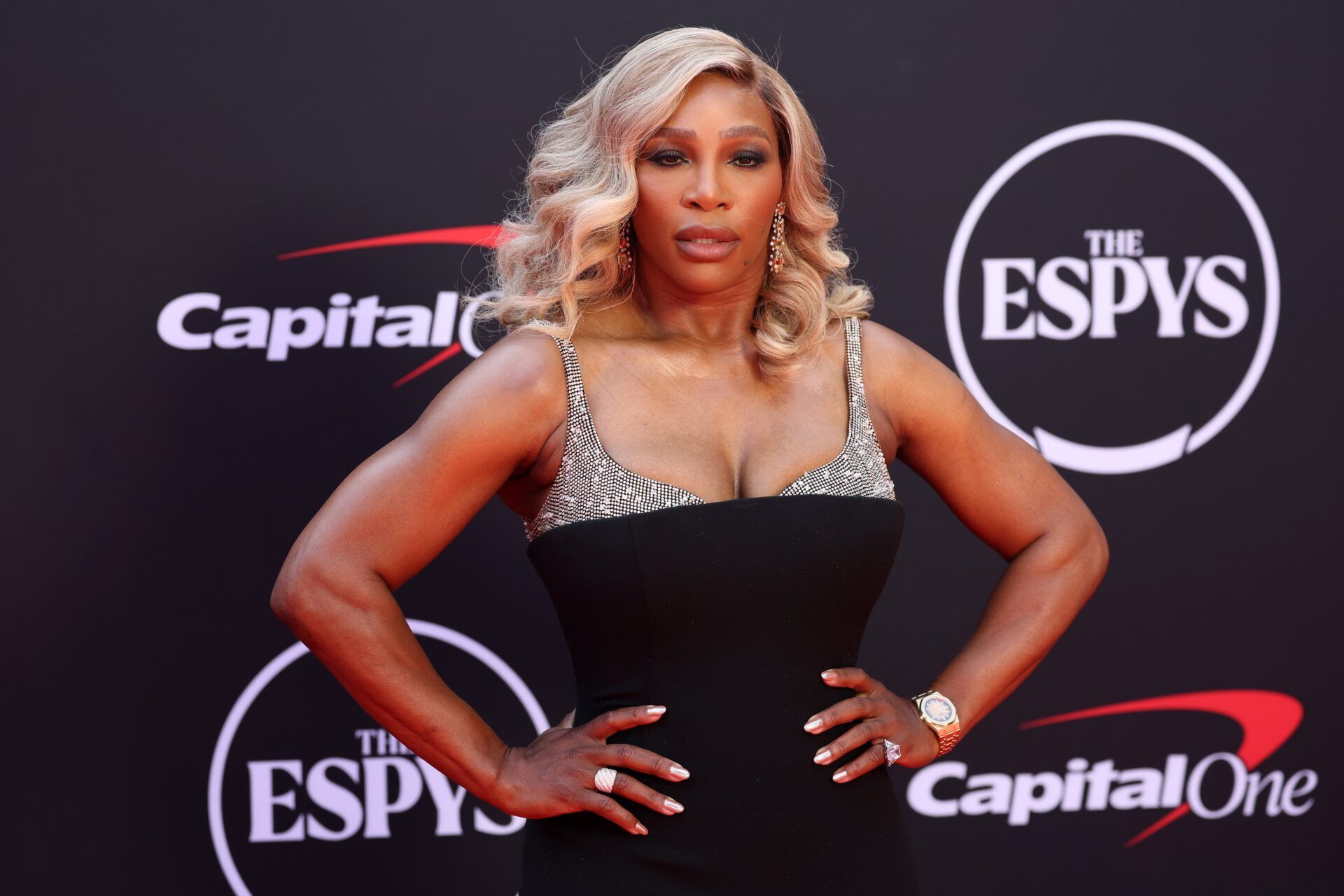 Former tennis star Serena Williams arrives on the red carpet before hosting the 2024 ESPYS at Dolby Theatre.