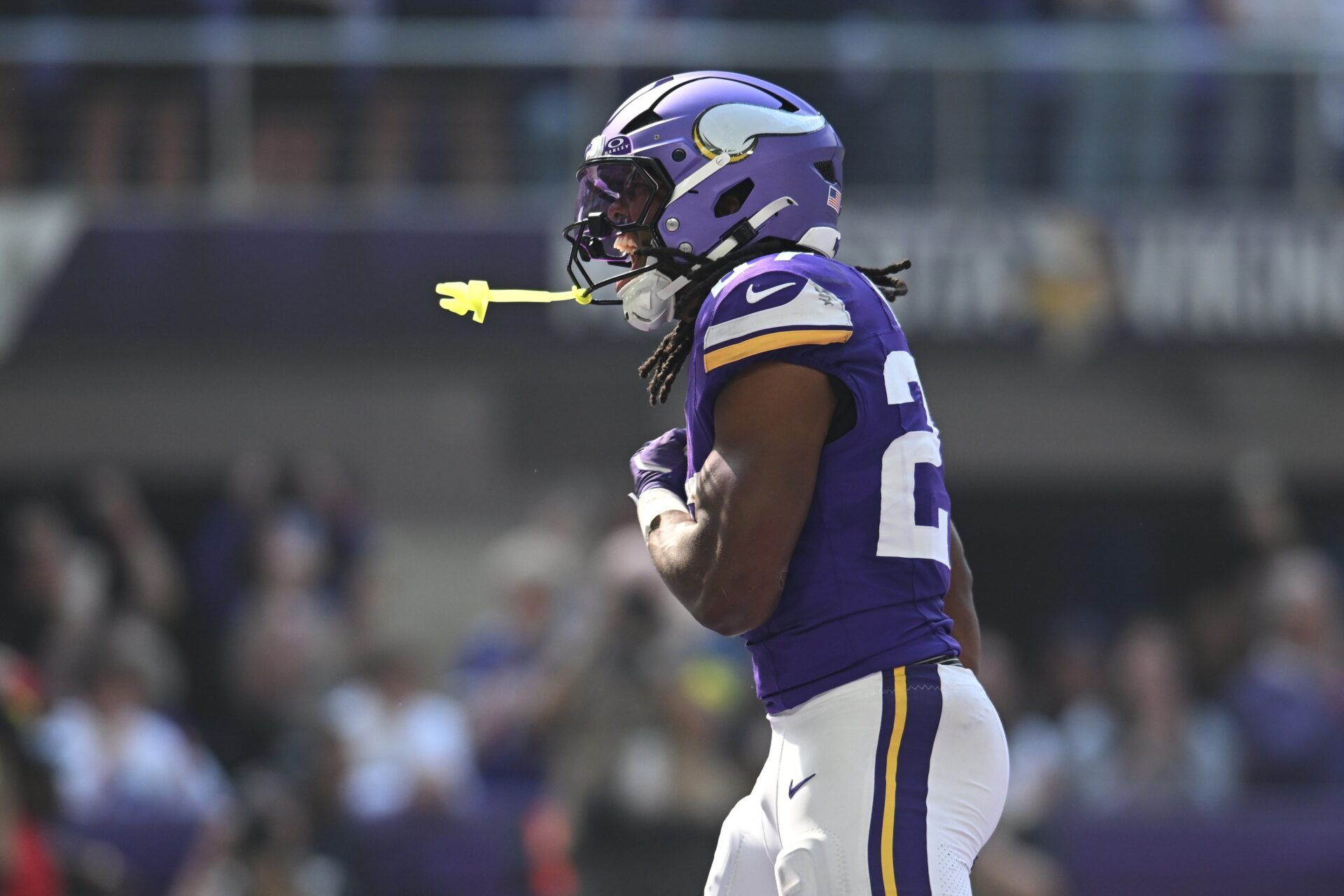 Minnesota Vikings running back Jordan Mason (27) reacts after a defensive play against the Cincinnati Bengals during the first half at U.S. Bank Stadium.