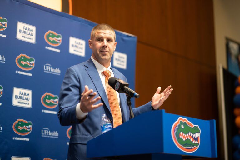 Florida Gators head coach Billy Napier addresses the media during the introductory press conference at James W. “Bill” Heavener Football Complex.
