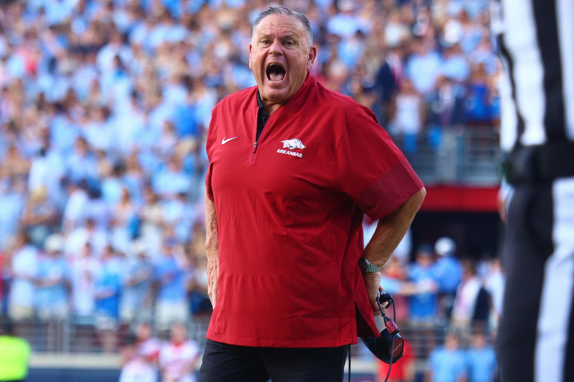 Arkansas Razorback head coach Sam Pittman reacts during the first quarter  at Vaught-Hemingway Stadium.
