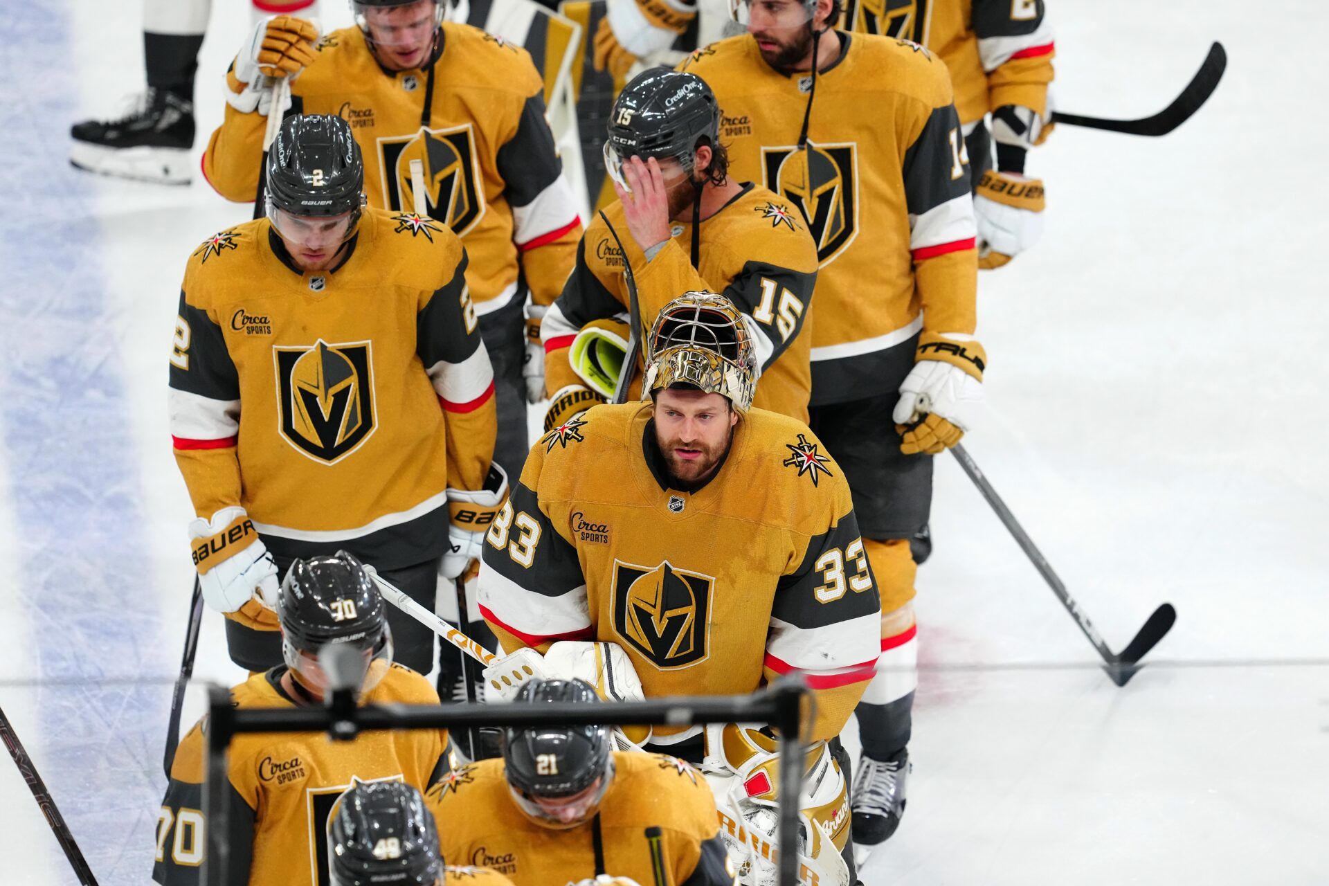 Vegas Golden Knights players leave the ice after the Edmonton Oilers defeated the Vegas Golden Knights 1-0 during an overtime period, completing a 4-1 series win during game five of the second round of the 2025 Stanley Cup Playoffs at T-Mobile Arena.