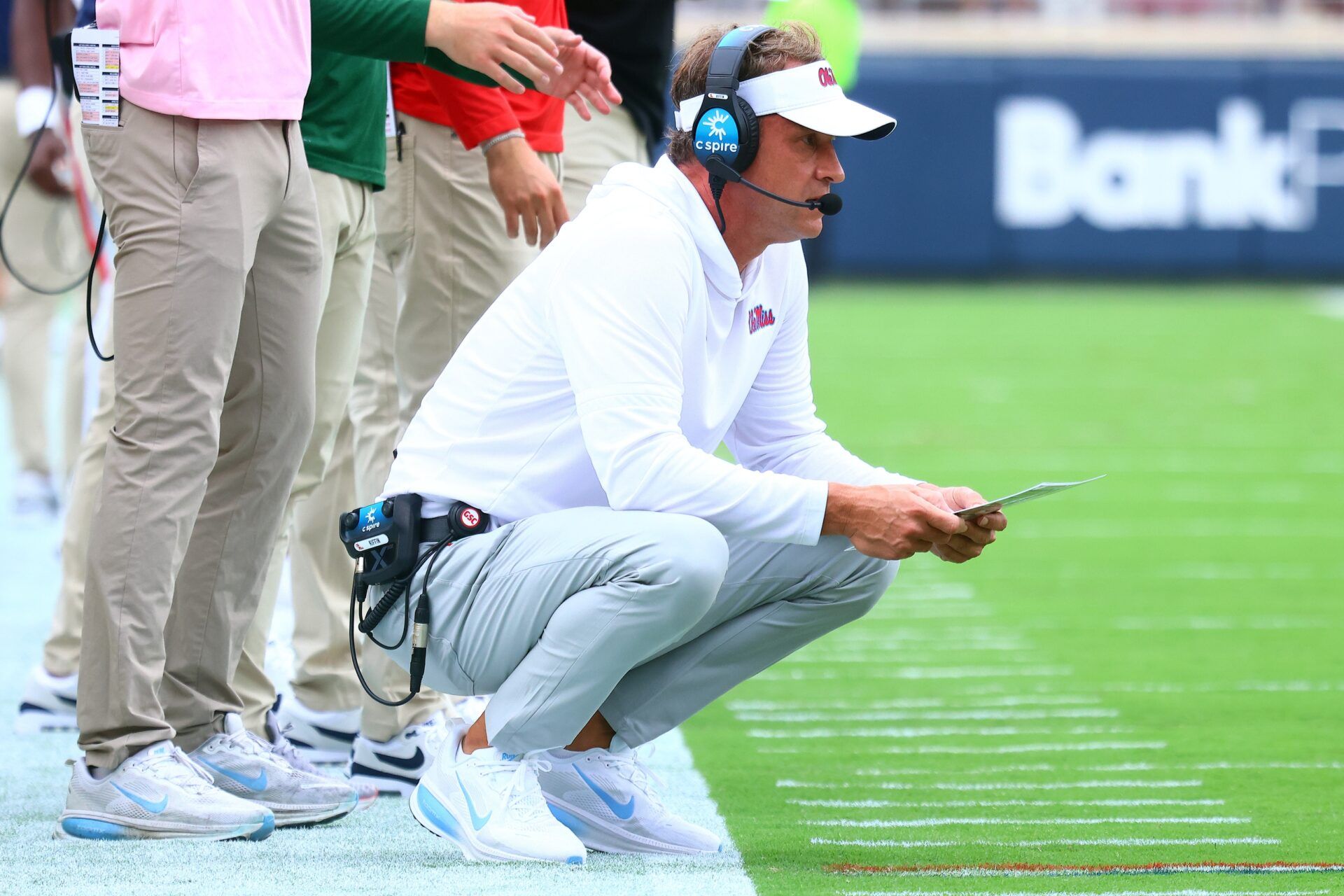 Mississippi Rebels head coach Lane Kiffin looks on during the first quarter against the Tulane Green Wave at Vaught-Hemingway Stadium.