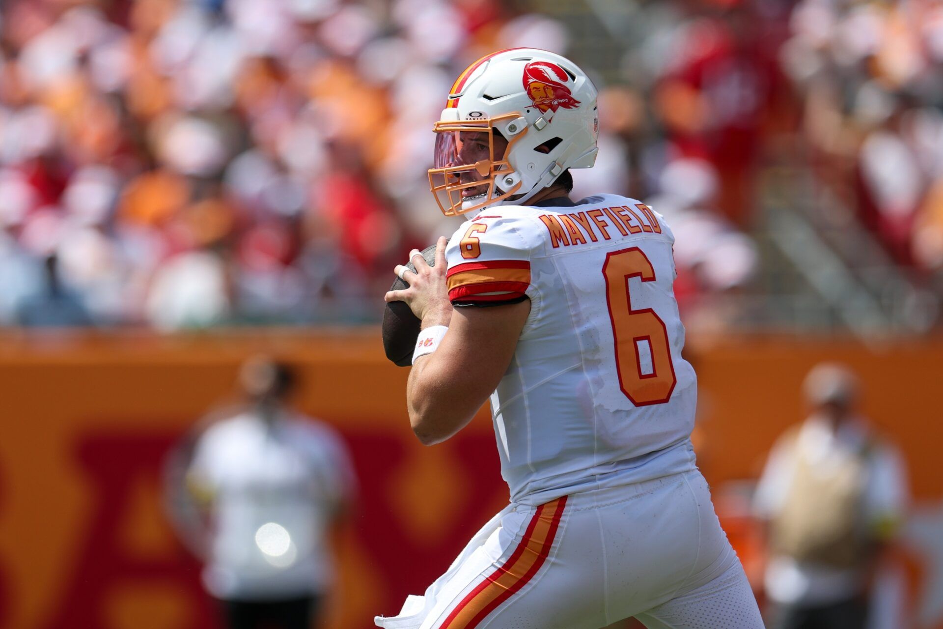 Tampa Bay Buccaneers quarterback Baker Mayfield (6) looks to pass against the New York Jets in the second quarter at Raymond James Stadium.