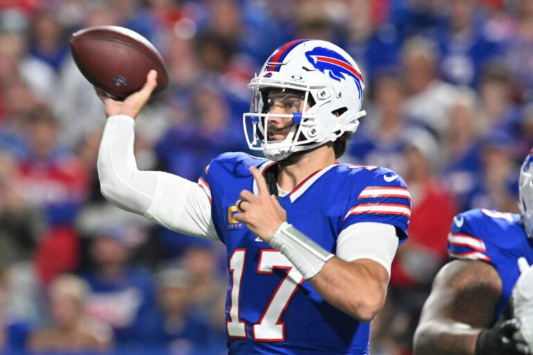 Buffalo Bills quarterback Josh Allen (17) passes against the Miami Dolphins in the first quarte at Highmark Stadium.