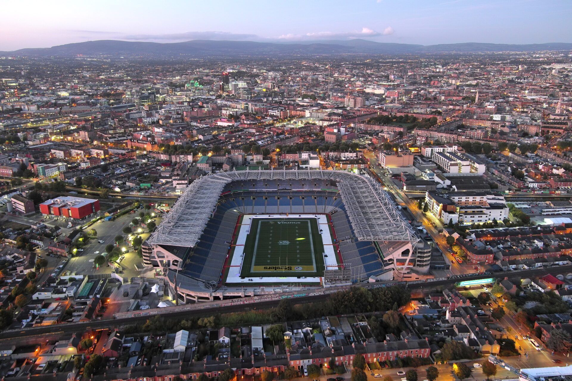 A general overall aerial view of Croke Park. The stadium is the site of the 2025 NFL Dublin Game between the Minnesota Vikings and Pittsburgh Steelers.