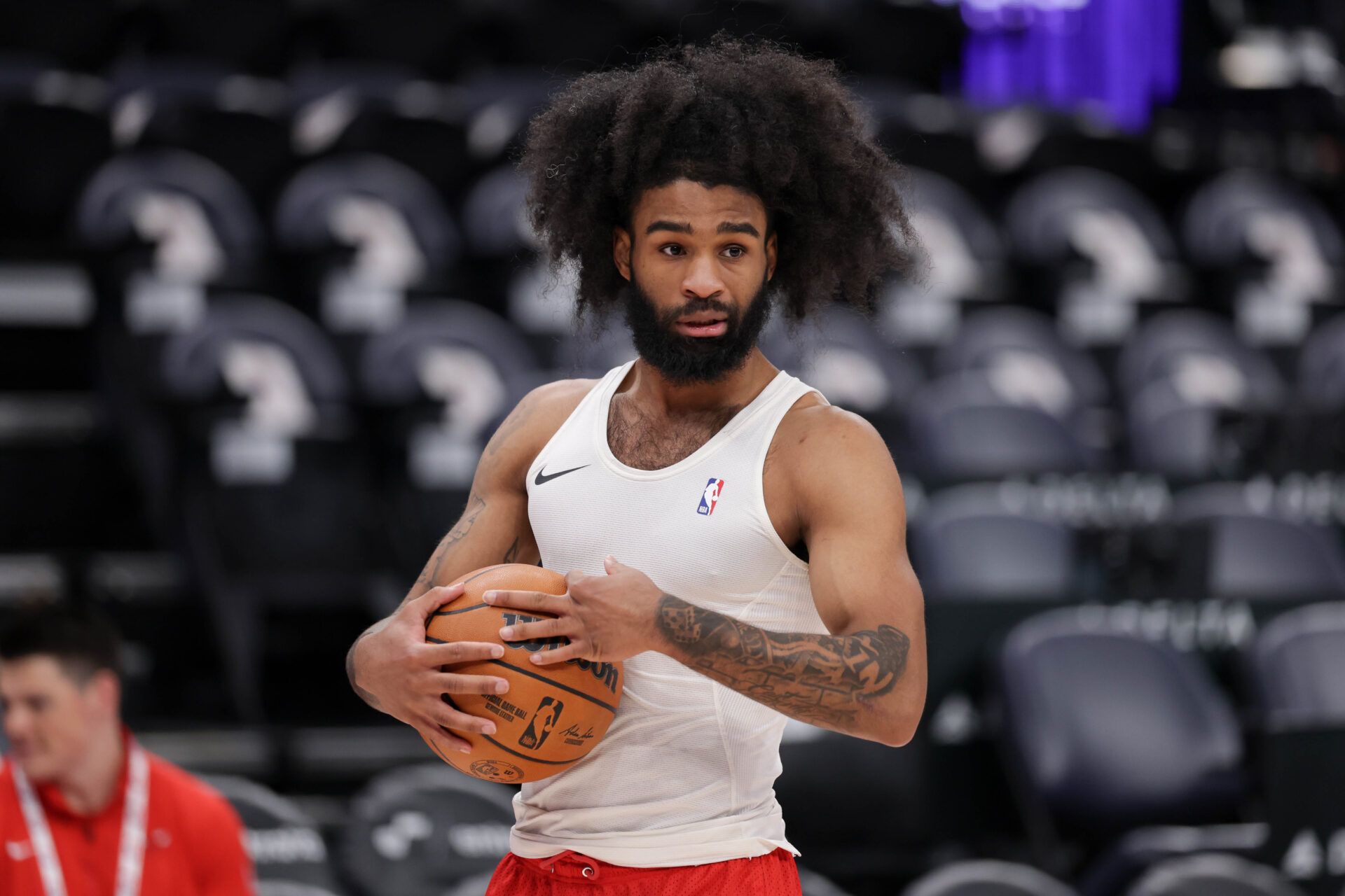 Chicago Bulls guard Coby White (0) before the game against the Utah Jazz at Delta Center.