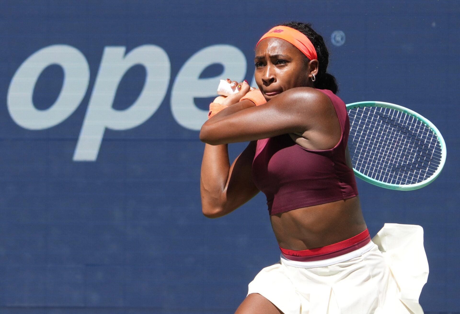 Coco Gauff (USA) hits to Magdalena Frech (POL) (not pictured) on day seven of the 2025 U.S. Open tennis tournament at the USTA Billie Jean King National Tennis Center.