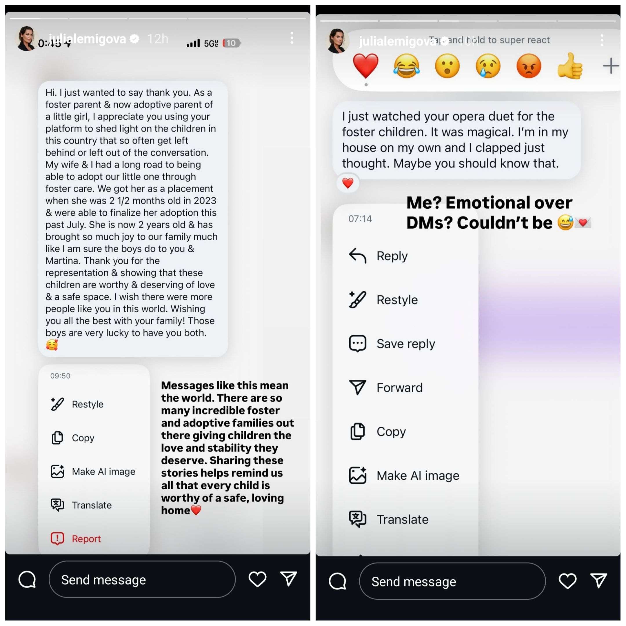 Screen grab of Martina Navratilova's wife Julia Lemigova's Instagram stories