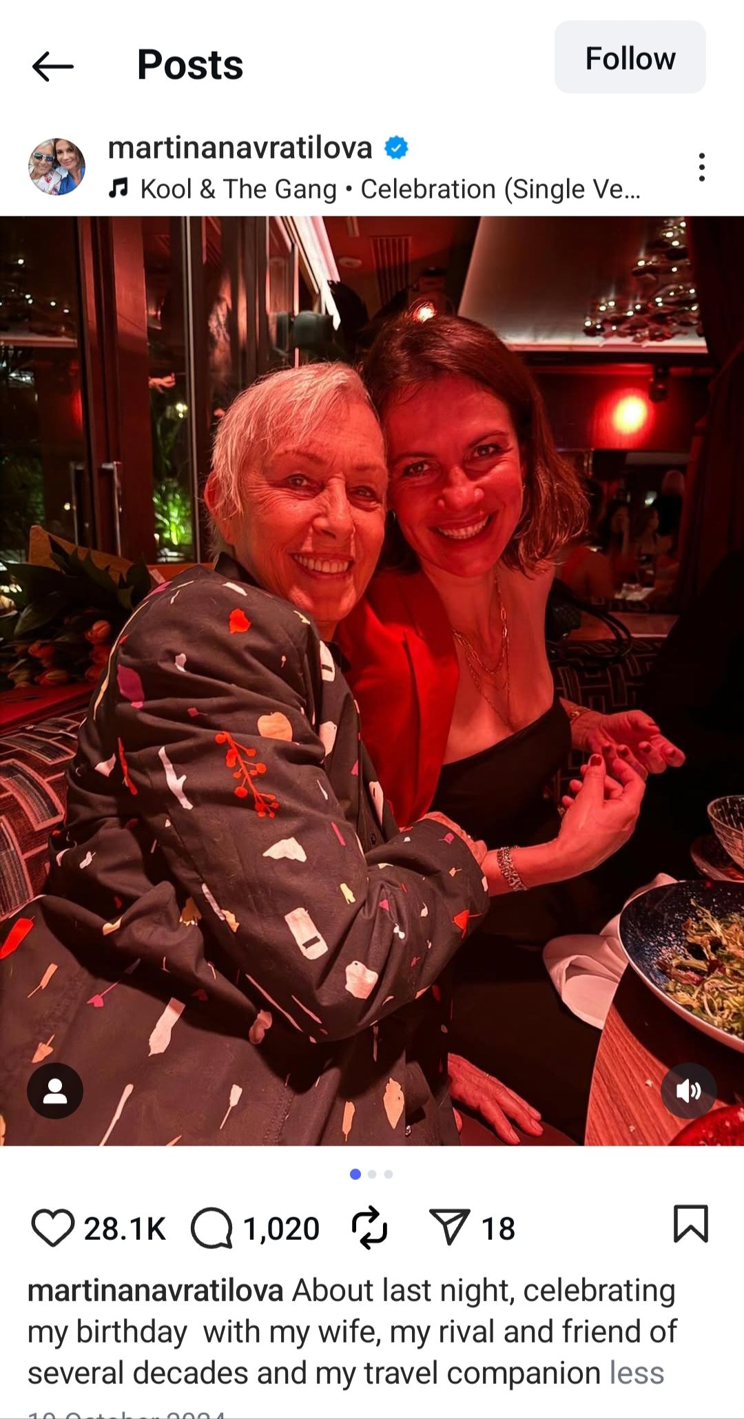 Screen grab of Martina Navratilova and her wife Julia Lemigova's post