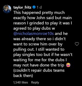 Screengrab of Taylor Fritz's comment on Instagram