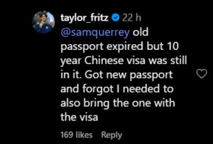 Screengrab of Taylor Fritz's comment on Instagram