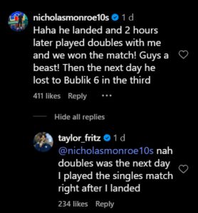 Screengrab of Nicolas Monroe and Taylor Fritz's comment on Instagram