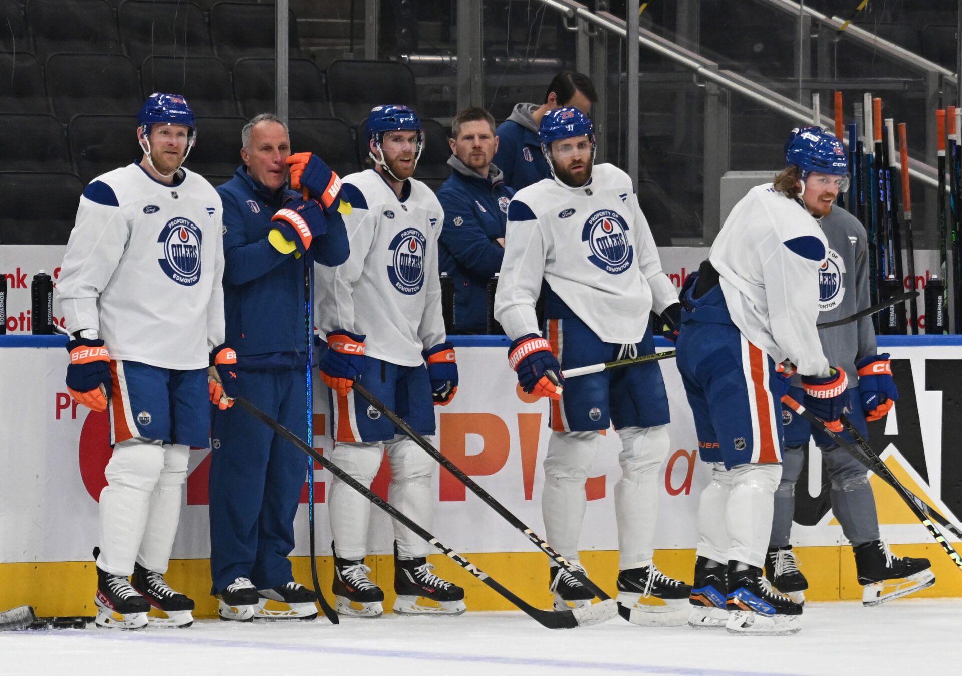 Edmonton Oilers centre Connor McDavid (97) and Oilers centre Leon Draisaitl (29) are seen out on the ice with the other players at the team practise during media day in advance of the 2025 Stanley Cup Final at Rogers Place.