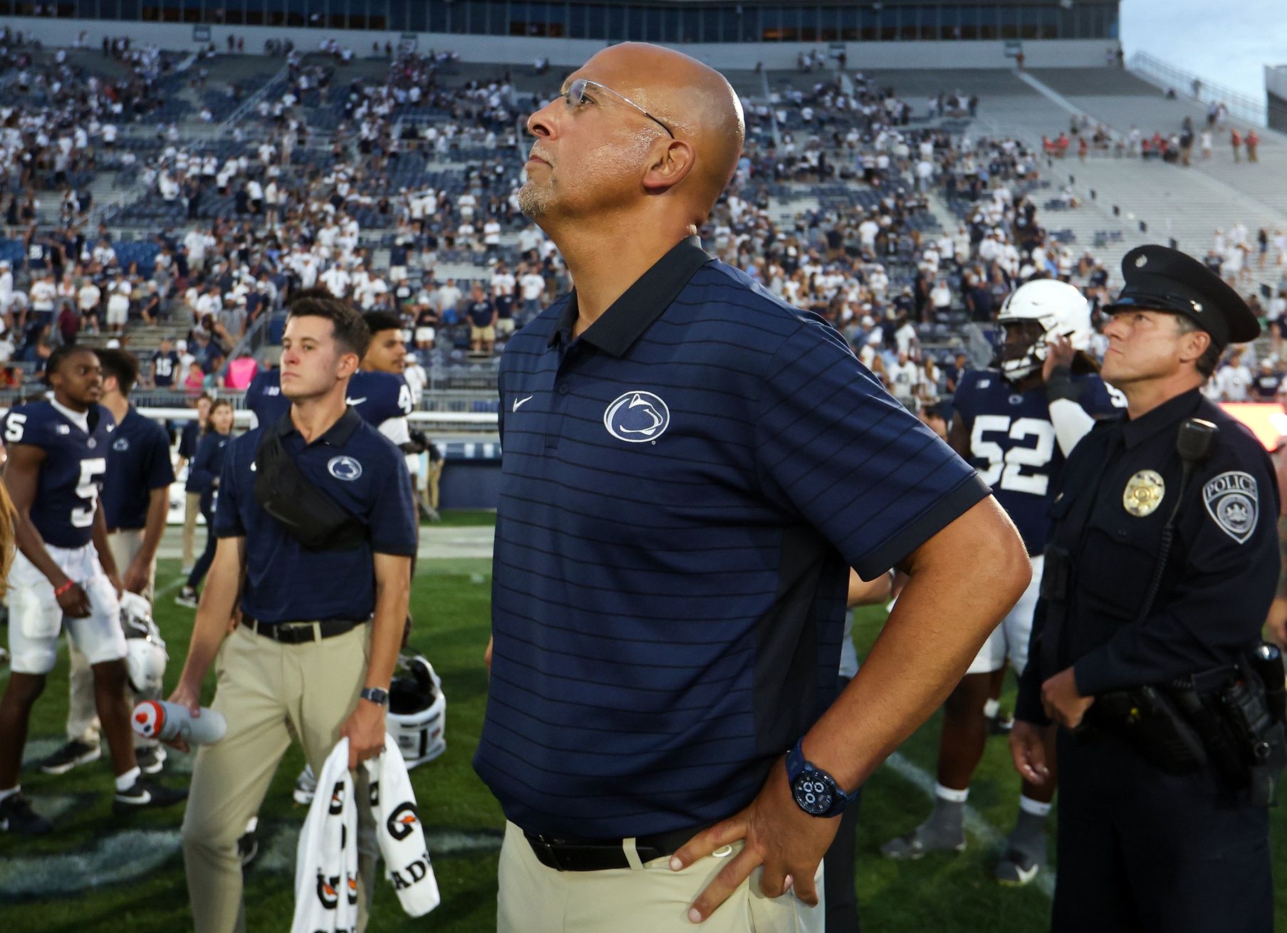 Penn State Nittany Lions head coach James Franklin watches the replay of the final play of the game following the end of the game against the Villanova Wildcats at Beaver Stadium.