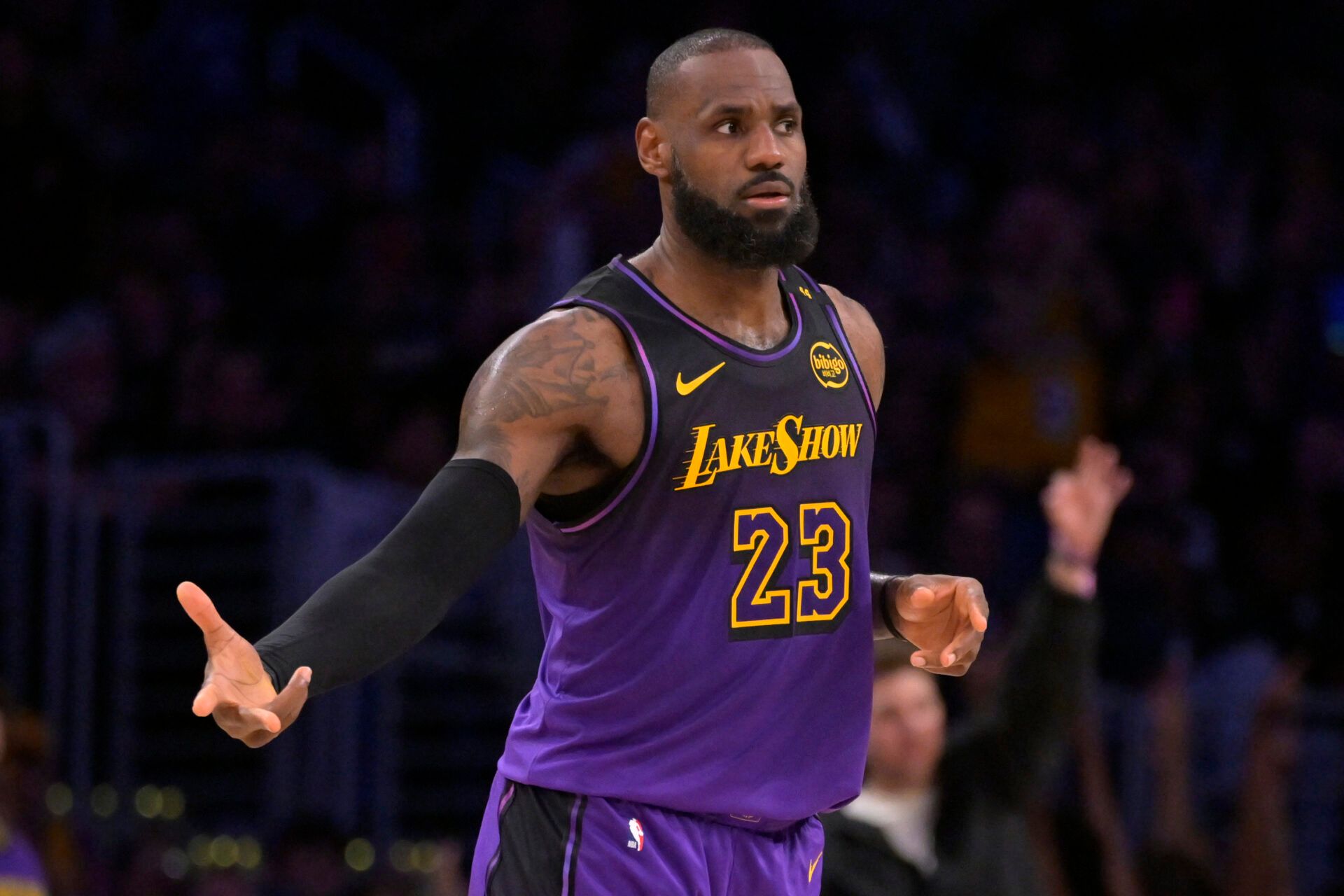 Los Angeles Lakers forward LeBron James (23) reacts after a 3-point basket in the second half against the Orlando Magic at Crypto.com Arena.