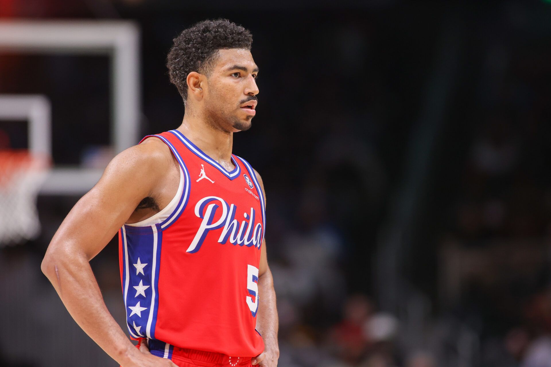 Philadelphia 76ers guard Quentin Grimes (5) in action against the Atlanta Hawks in the third quarter at State Farm Arena.