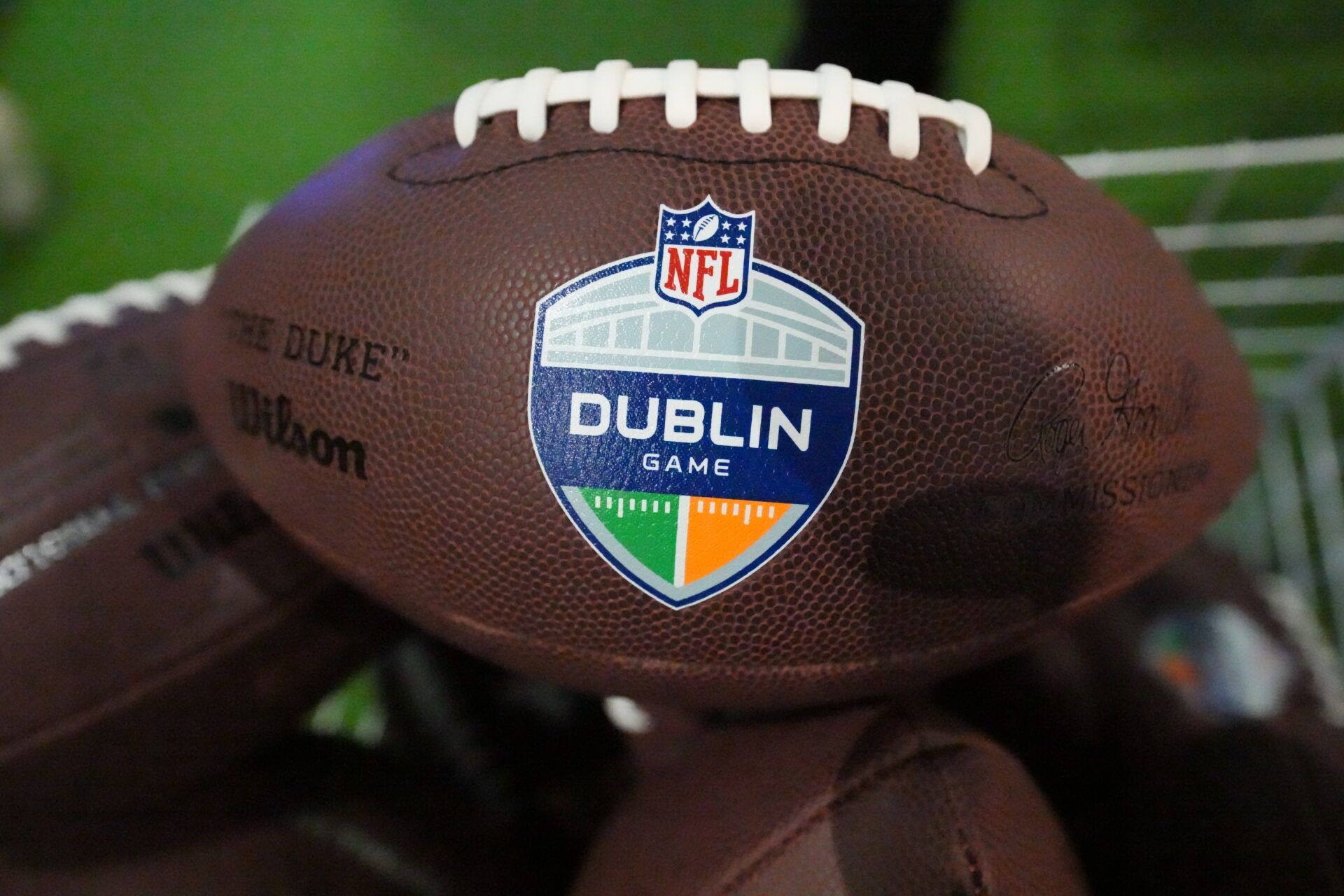 Wilson footballs with the NFL Dublin Game logo at the NFL Shop at the St. Stephen's Green Shopping Centre.