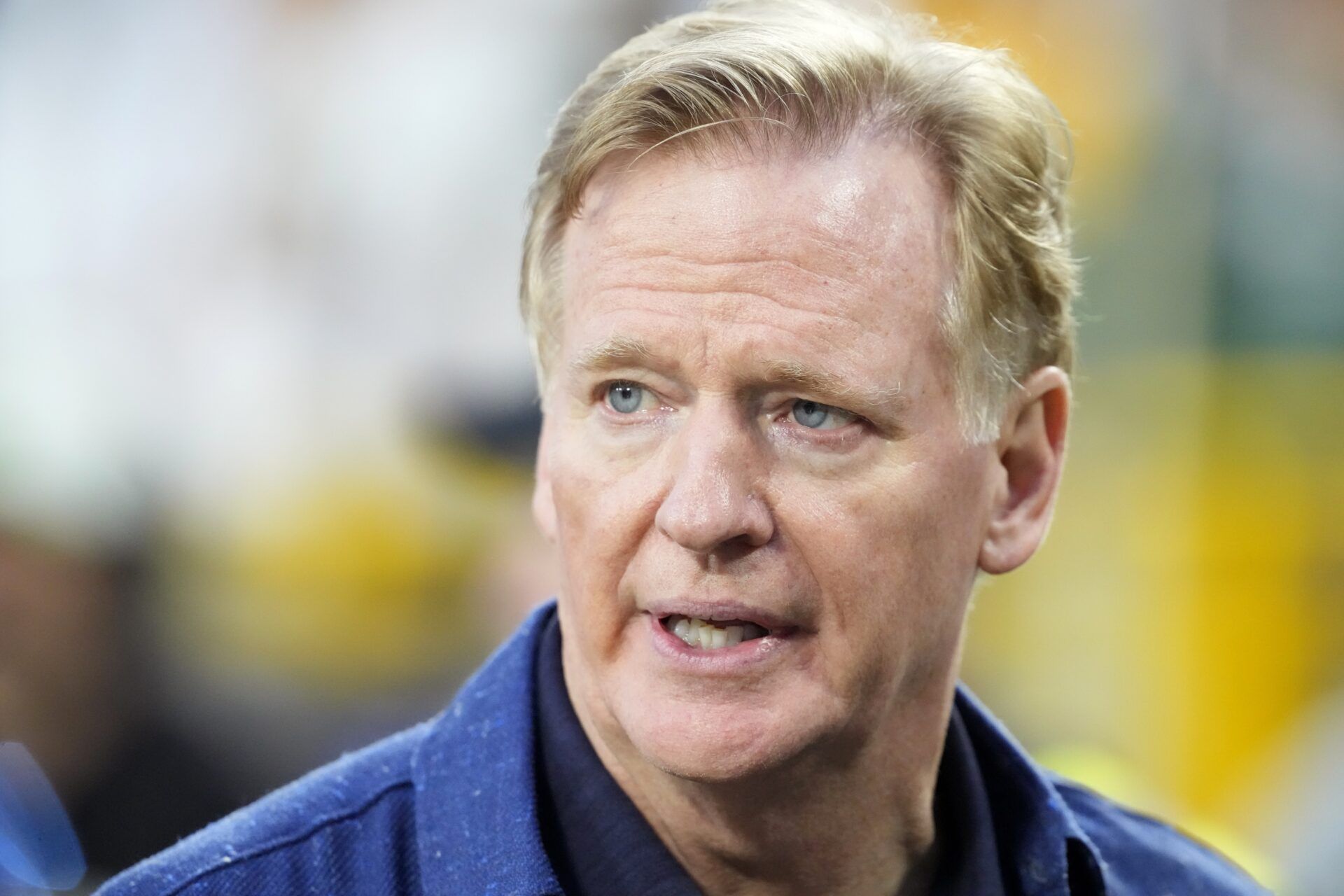 NFL commissioner Roger Goodell looks on before the game between the Washington Commanders and the Green Bay Packers at Lambeau Field.