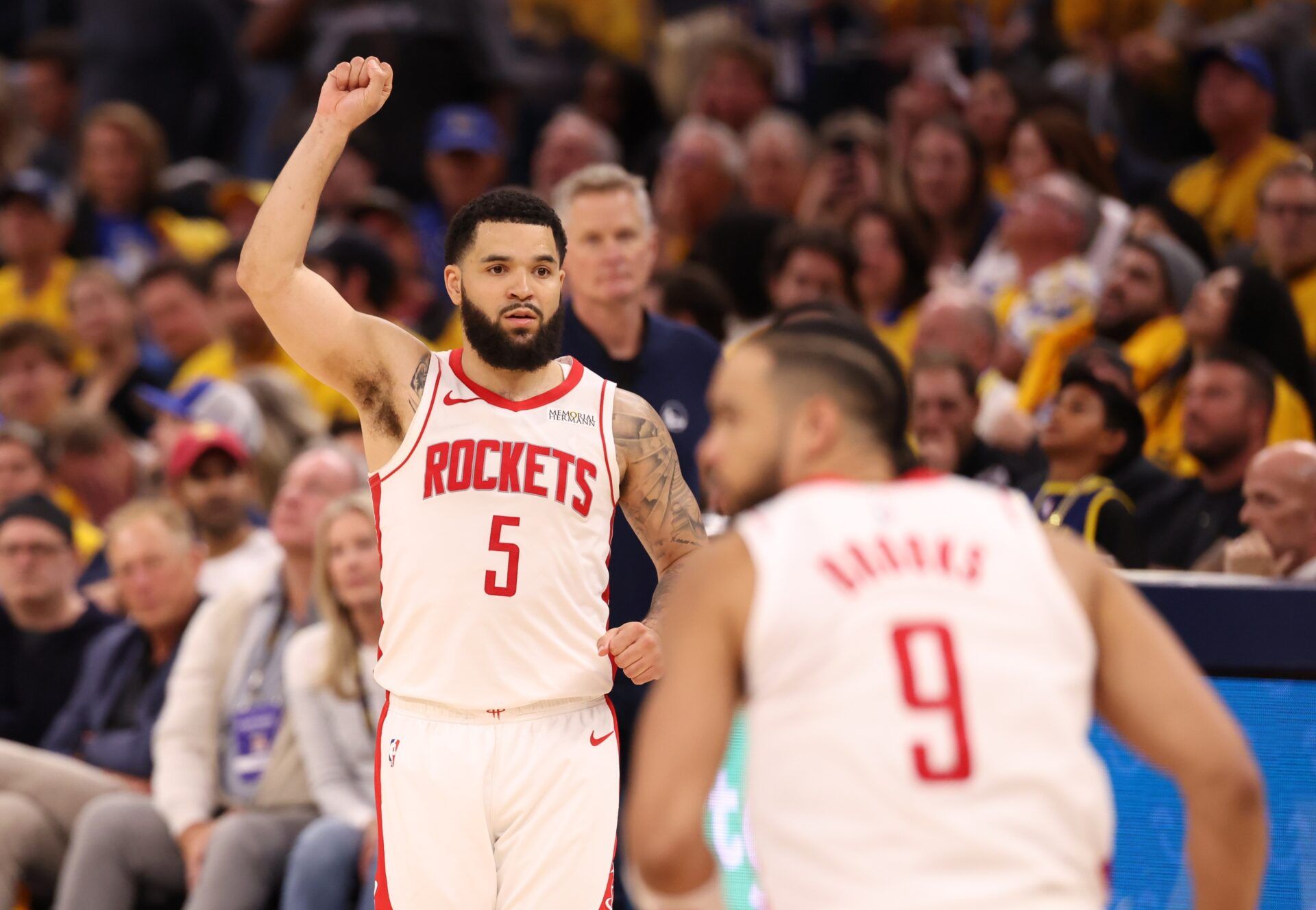 Houston Rockets guard Fred VanVleet (5) gestures after scoring a basket against the Golden State Warriors during the fourth quarter of game four of the 2025 NBA Playoffs first round at Chase Center.