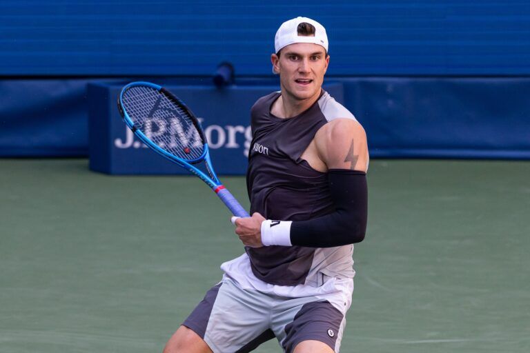 Jack Draper of United Kingdom in action against Federico Agustin Gomez of Argentina in the first round of the men’s singles at the US Open at Louis Armstrong Stadium in Billie Jean King National Tennis Centre.