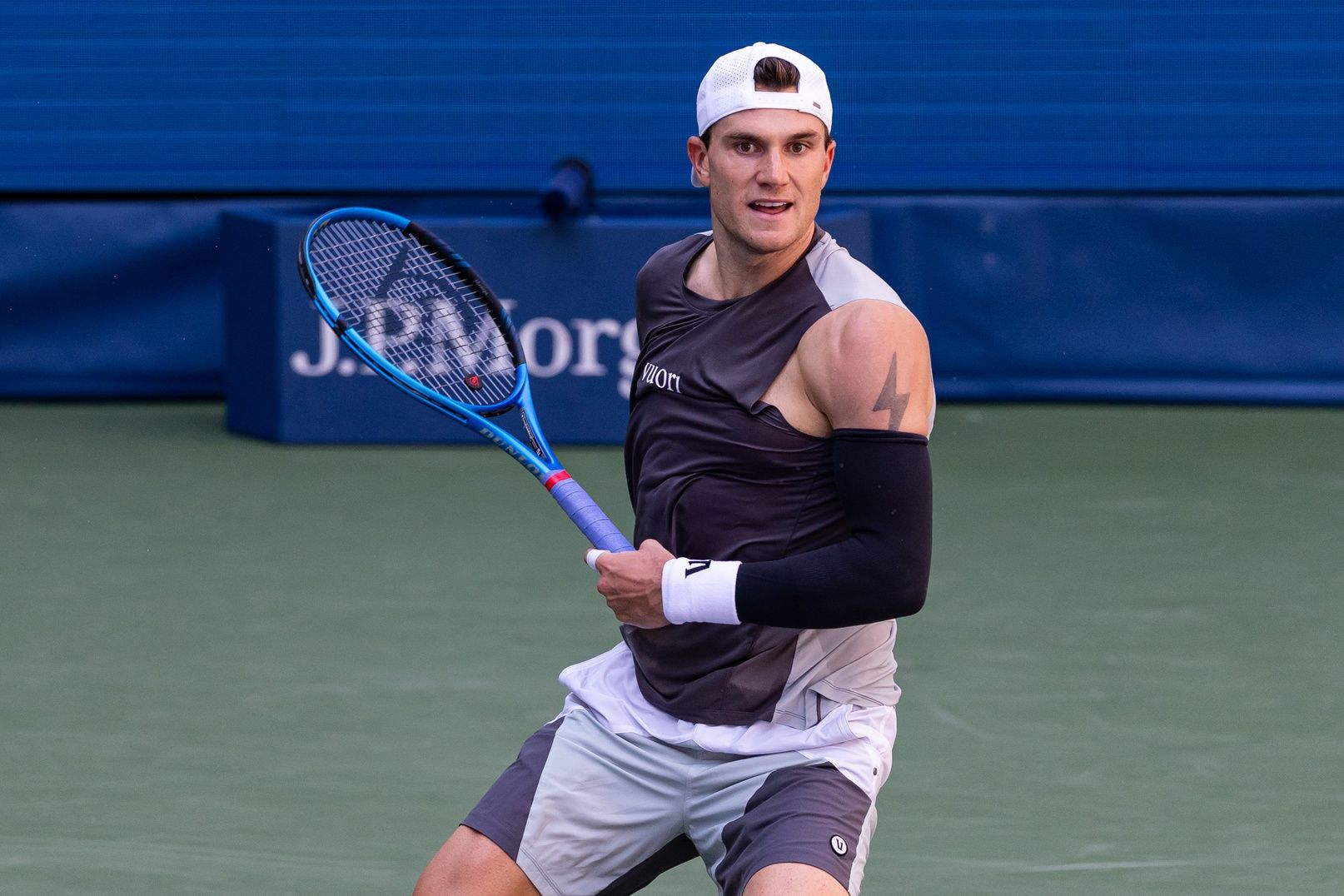 Jack Draper of United Kingdom in action against Federico Agustin Gomez of Argentina in the first round of the men’s singles at the US Open at Louis Armstrong Stadium in Billie Jean King National Tennis Centre.