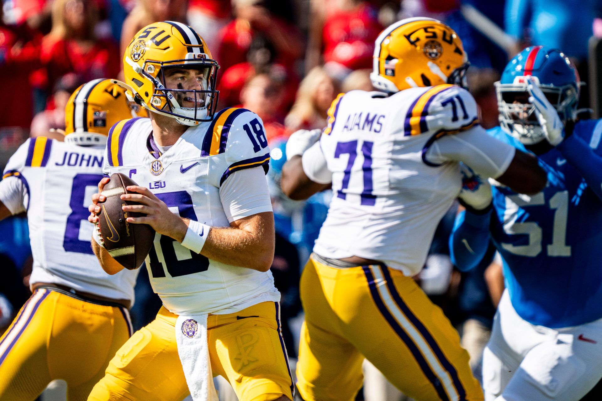 LSU quarterback Garrett Nussmeier (18) passes the ball during a college football game between Ole Miss and LSU at Vaught-Hemingway Stadium in Oxford, Miss., on Saturday, Sept. 27, 2025.