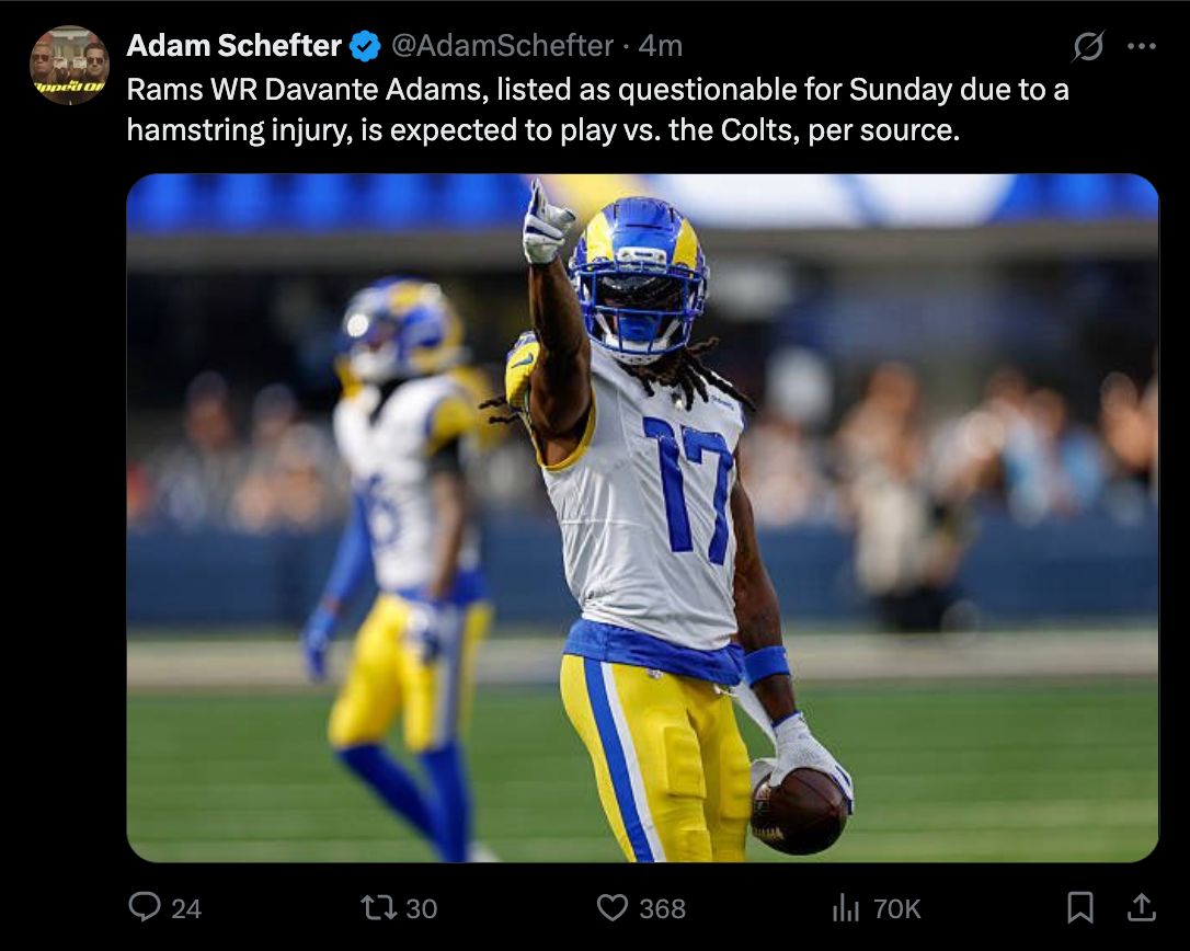 is davante adams playing week 09 28 25